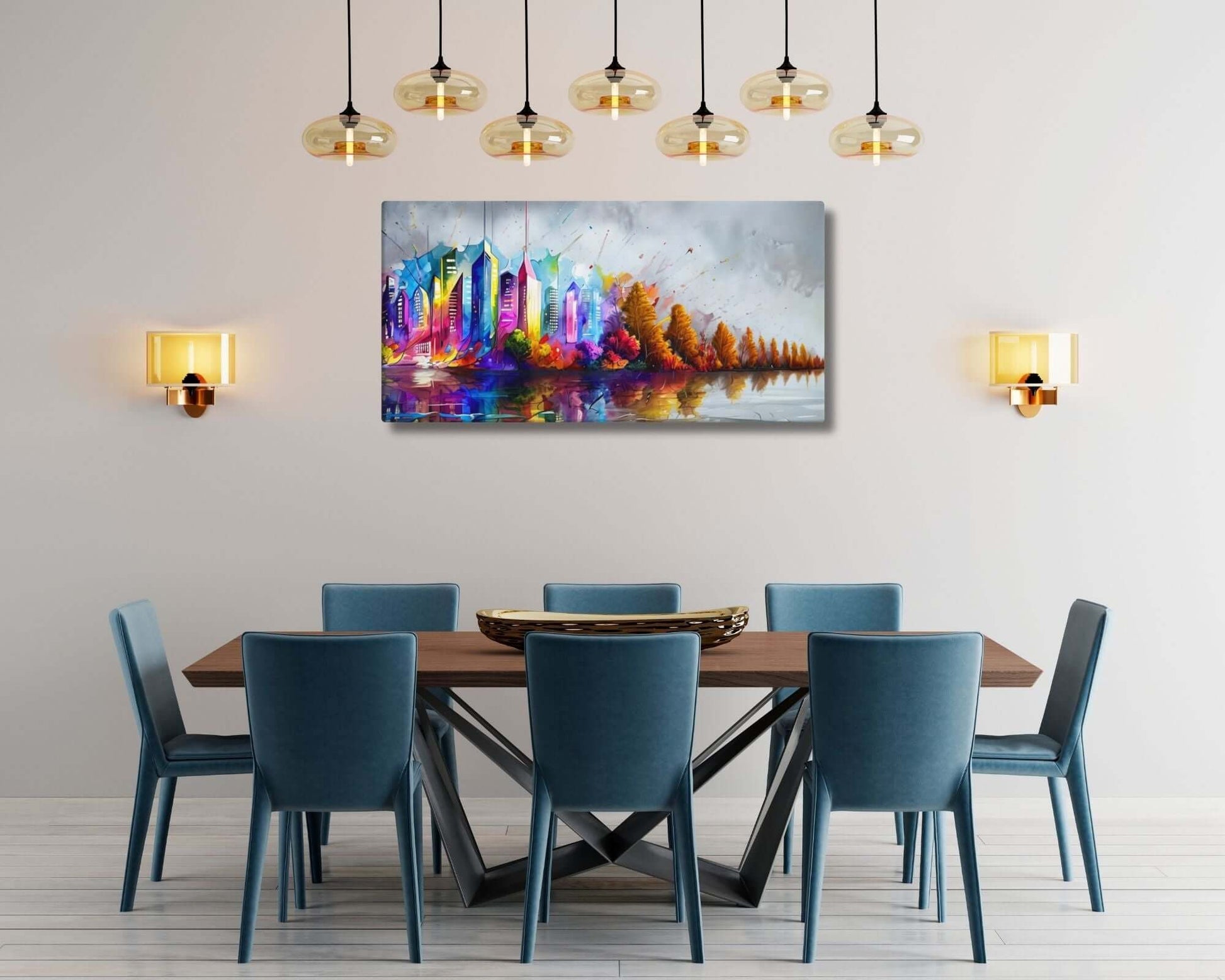 Stretched "{{product-type}}" with a colourful abstract cityscape and autumn trees reflected in water. The "{{title}}" design is a vibrant piece of modern wall art.