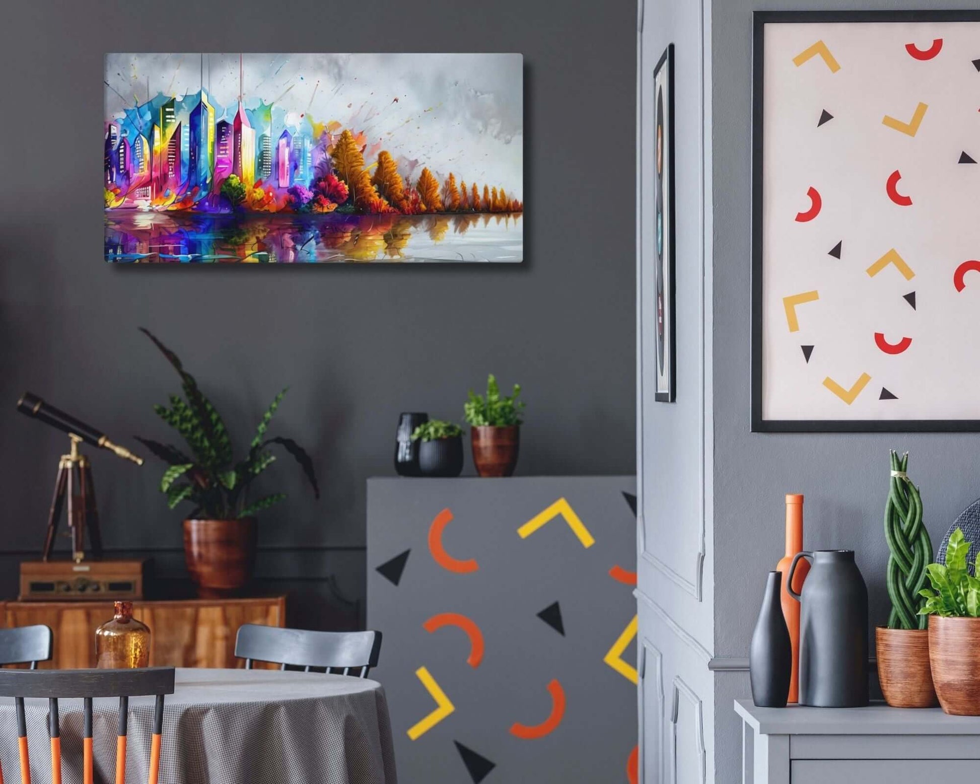 Stretched "{{product-type}}" with a colourful abstract cityscape and autumn trees reflected in water. The "{{title}}" design is a vibrant piece of modern wall art.