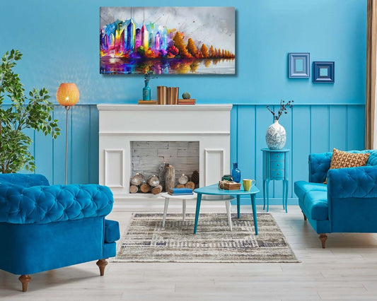 Stretched "{{product-type}}" with a colourful abstract cityscape and autumn trees reflected in water. The "{{title}}" design is a vibrant piece of modern wall art.