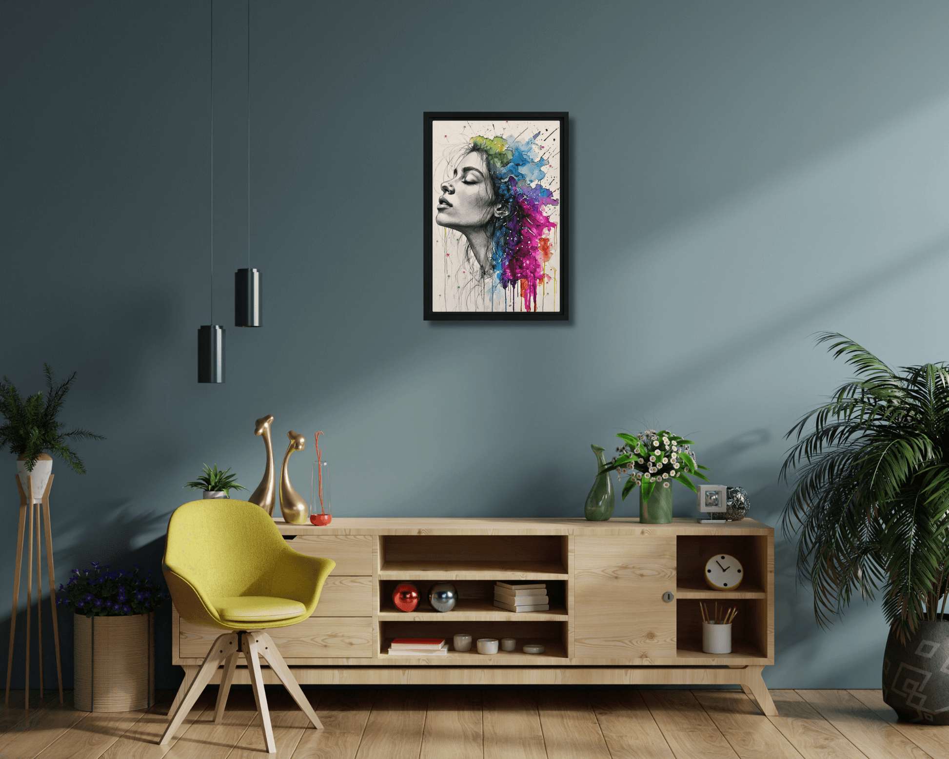 Black framed "{{product-type}}" featuring a woman's portrait with one half as a black and white sketch and the other half as an explosion of vibrant watercolour. The "{{title}}" design is a powerful piece of emotional art.
