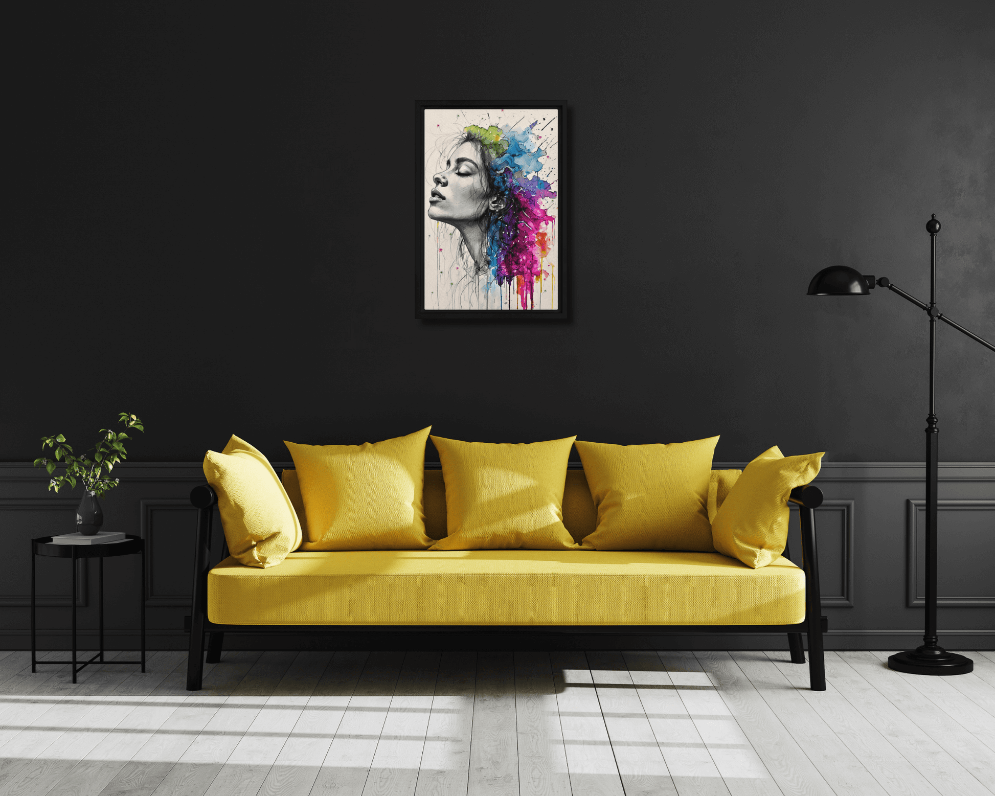 Black framed "{{product-type}}" featuring a woman's portrait with one half as a black and white sketch and the other half as an explosion of vibrant watercolour. The "{{title}}" design is a powerful piece of emotional art.