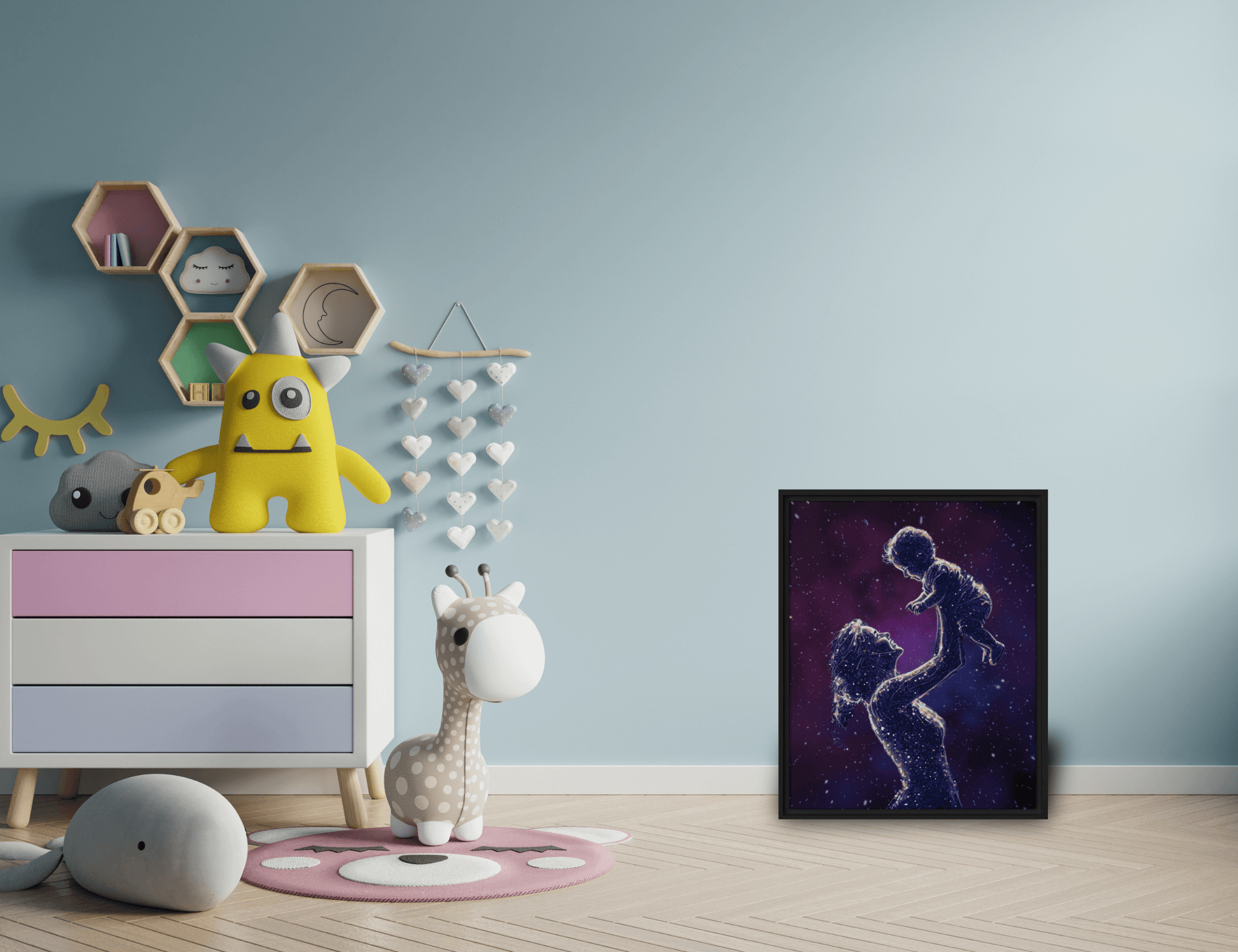 Black framed "{{product-type}}" featuring a mother's hand holding a baby's hand in a continuous line art drawing. The "{{title}}" design is a beautiful and personalised piece of emotional art.