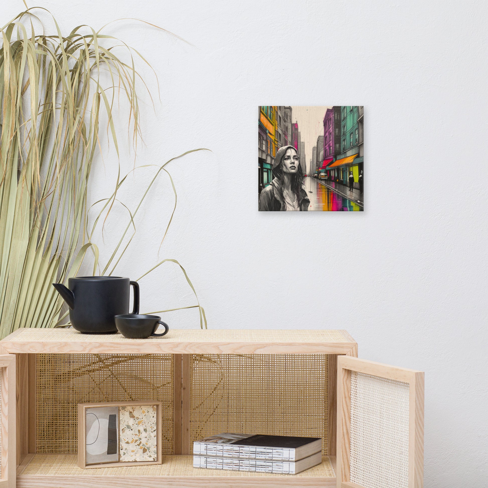 Canvas art titled 'Urban Soul,' featuring a street scene with a woman in a raincoat under city lights, perfect for modern urban and atmospheric home decor.