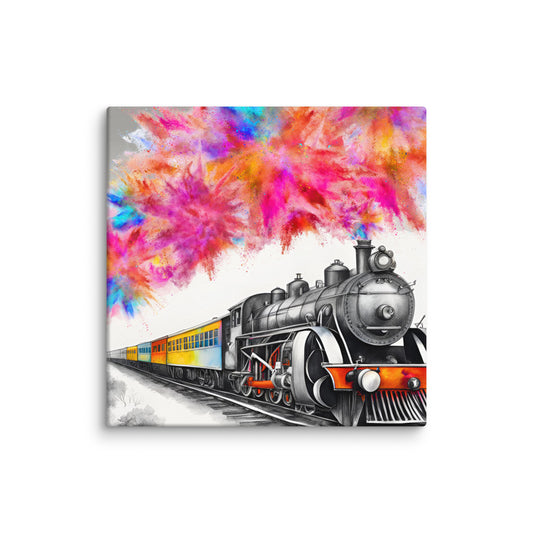 Canvas art titled 'Colorful Steam Train,' featuring a vintage steam train in vibrant colors, perfect for railway enthusiasts and classic decor lovers.