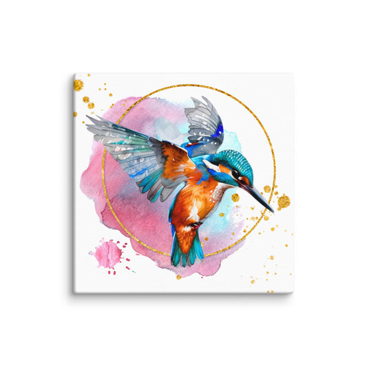Stretched "{{product-type}}" featuring a vibrant watercolour kingfisher in flight with a pink and blue splash and gold accents. The "{{title}}" design is a beautiful piece of nature art.