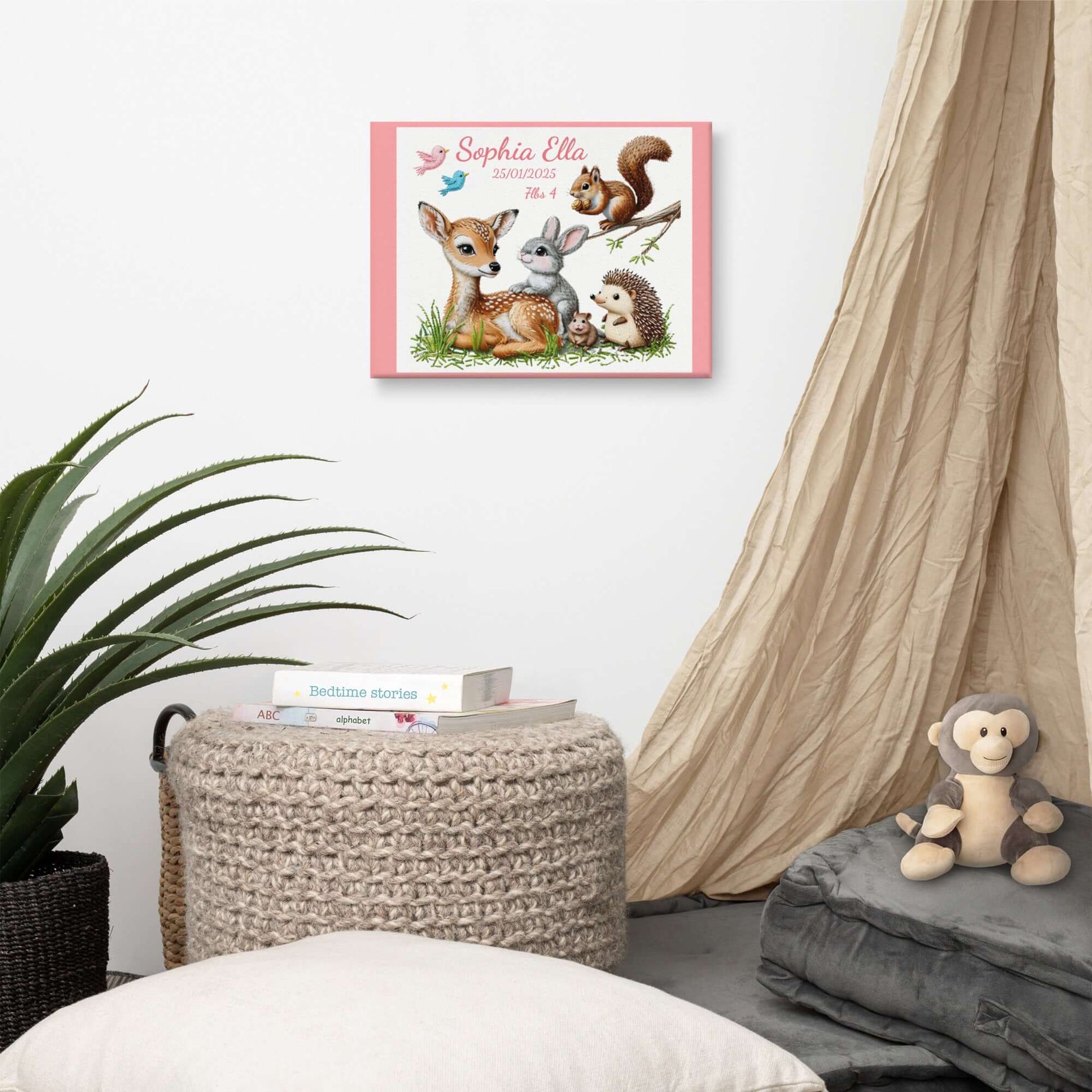 Personalized baby birth announcement canvas featuring custom name, date of birth, and weight, with a choice of border color, perfect for nursery decor or a heartfelt gift.