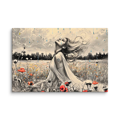 Canvas art titled 'Freedom in the Rain,' featuring a woman standing in a vibrant poppy field under a gentle rain, perfect for nature-inspired and emotional home decor.