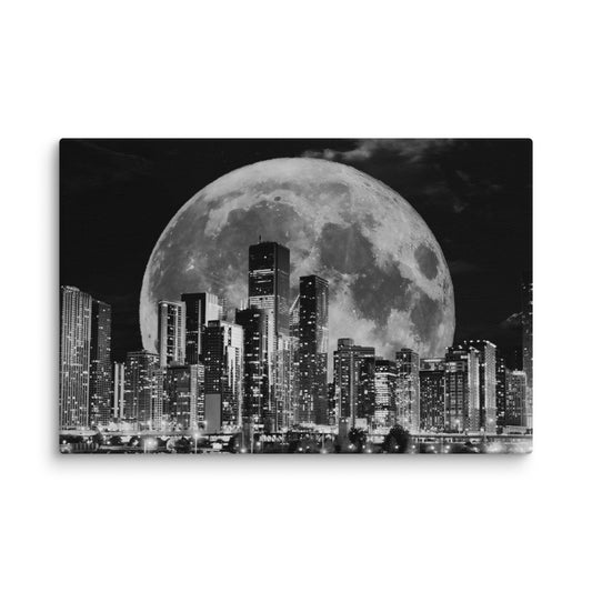 Canvas art titled 'Cityscape Moonlight,' featuring a black and white skyline illuminated by moonlight, perfect for modern urban and minimalist home decor.