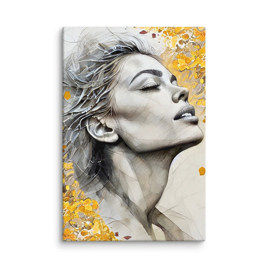 Abstract watercolor portrait of a woman's profile with a vibrant yellow and gold floral background. Feminine and inspirational modern wall art canvas.