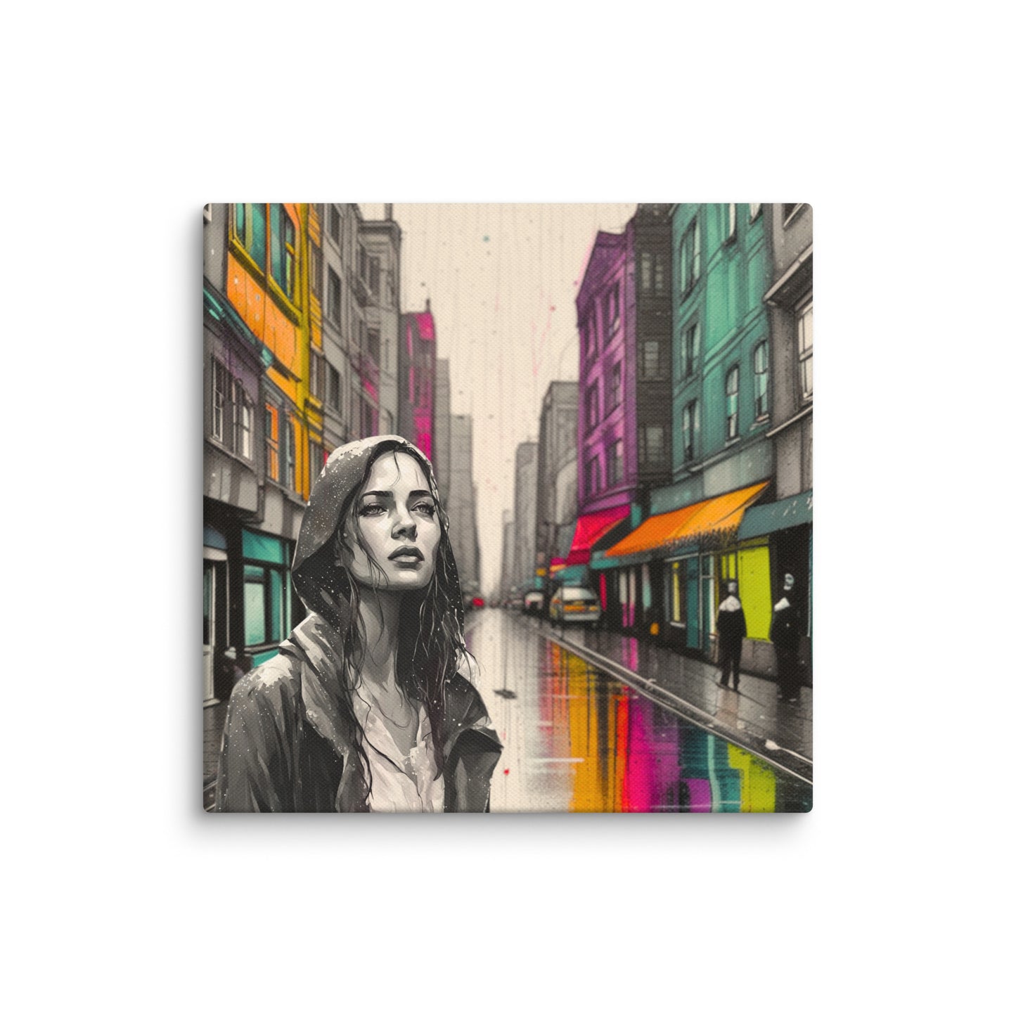 Canvas art titled 'Urban Soul,' featuring a street scene with a woman in a raincoat under city lights, perfect for modern urban and atmospheric home decor.