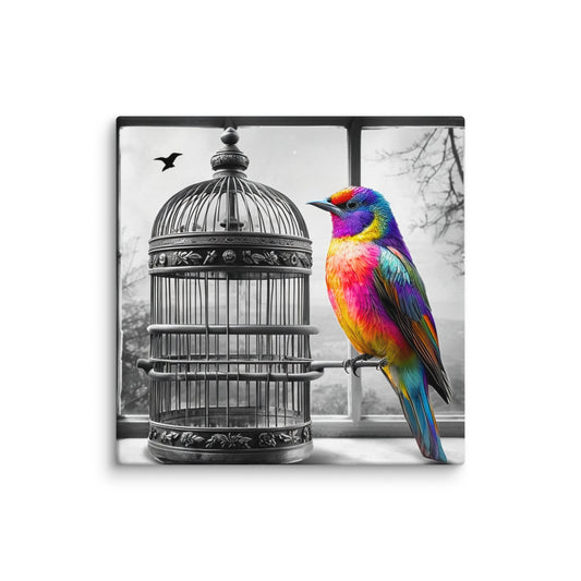 Square canvas print featuring a vibrant rainbow-colored bird with a black and white background of a birdcage. Symbolic and striking wall art for a modern living space.