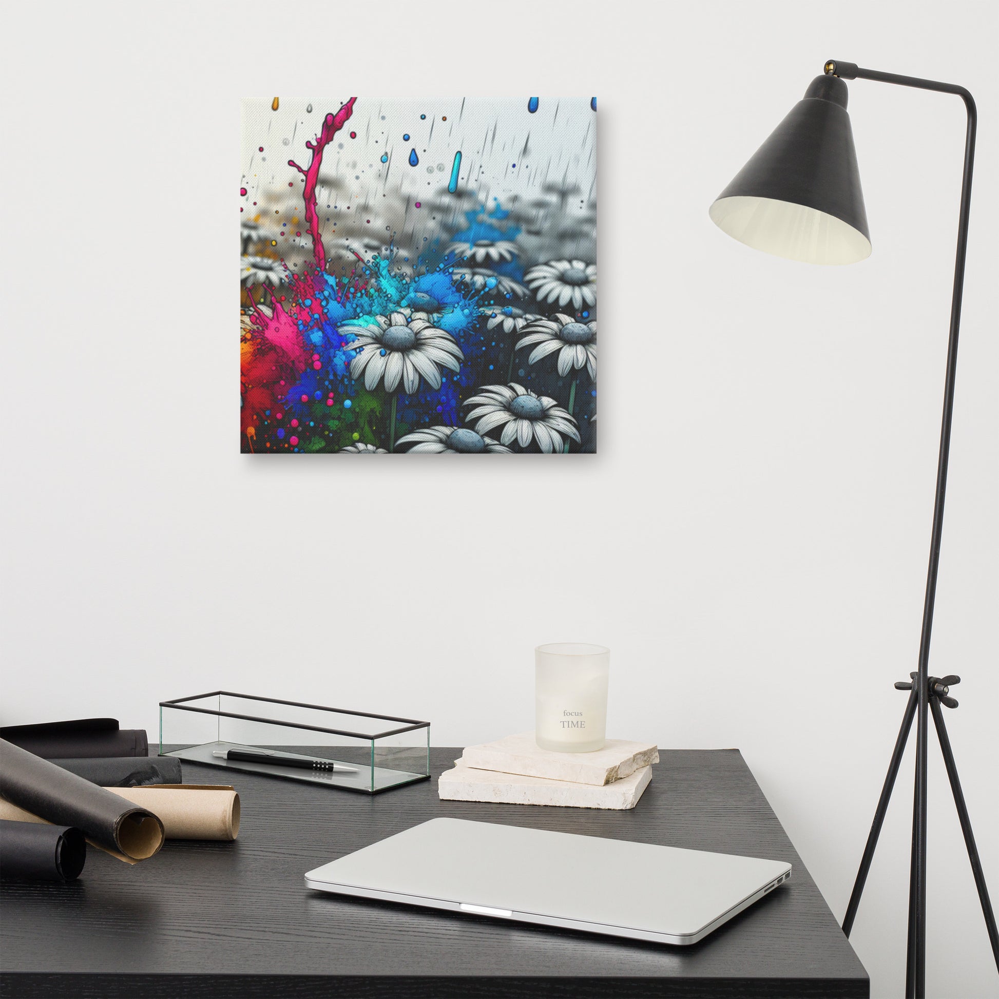 Canvas art titled 'Color Burst Daisy,' featuring an abstract daisy flower with vibrant, colorful brushstrokes, perfect for bold and modern home decor.
