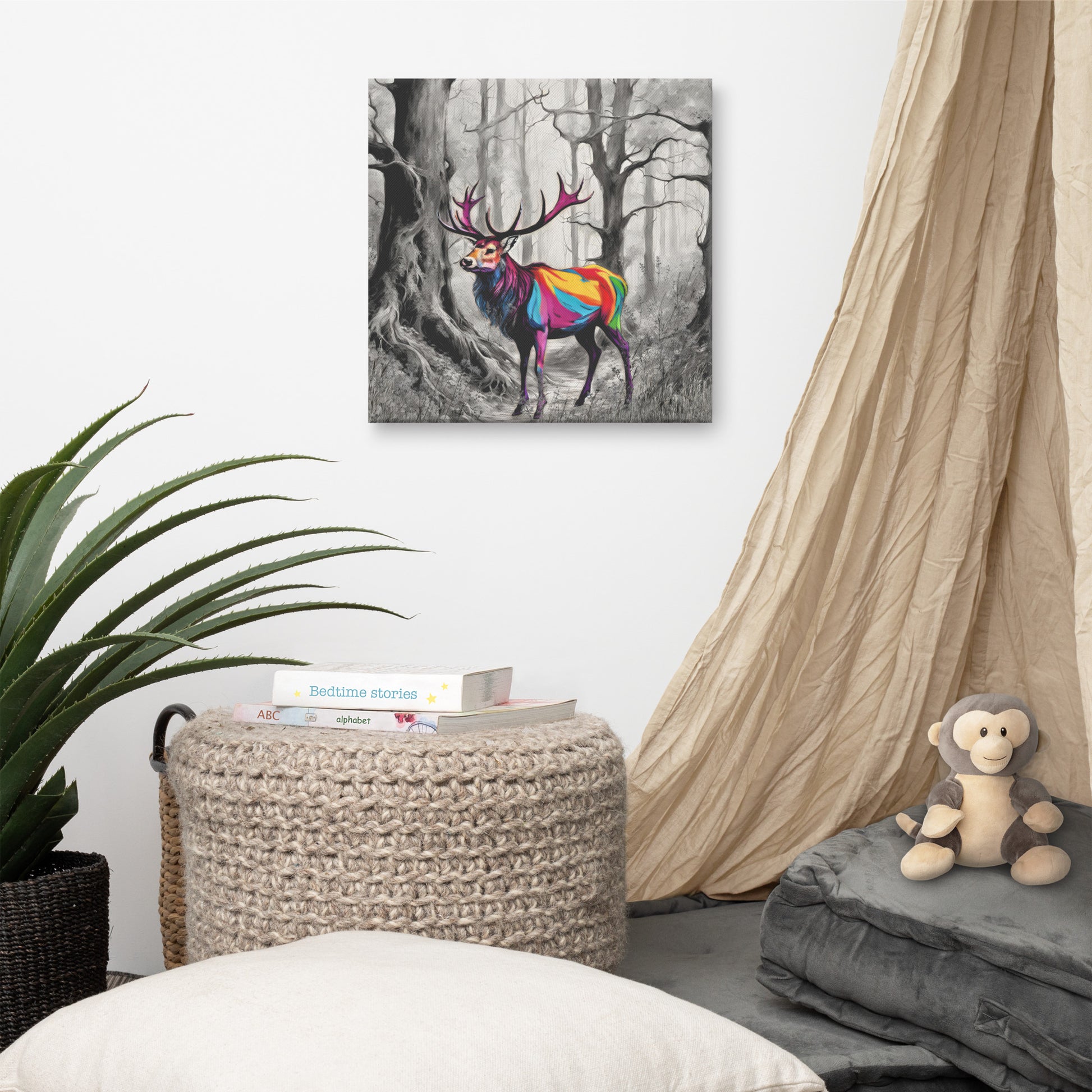 Canvas art titled 'Vibrant Stag,' featuring a colorful deer in a lush forest setting, perfect for nature-inspired and bold home decor.