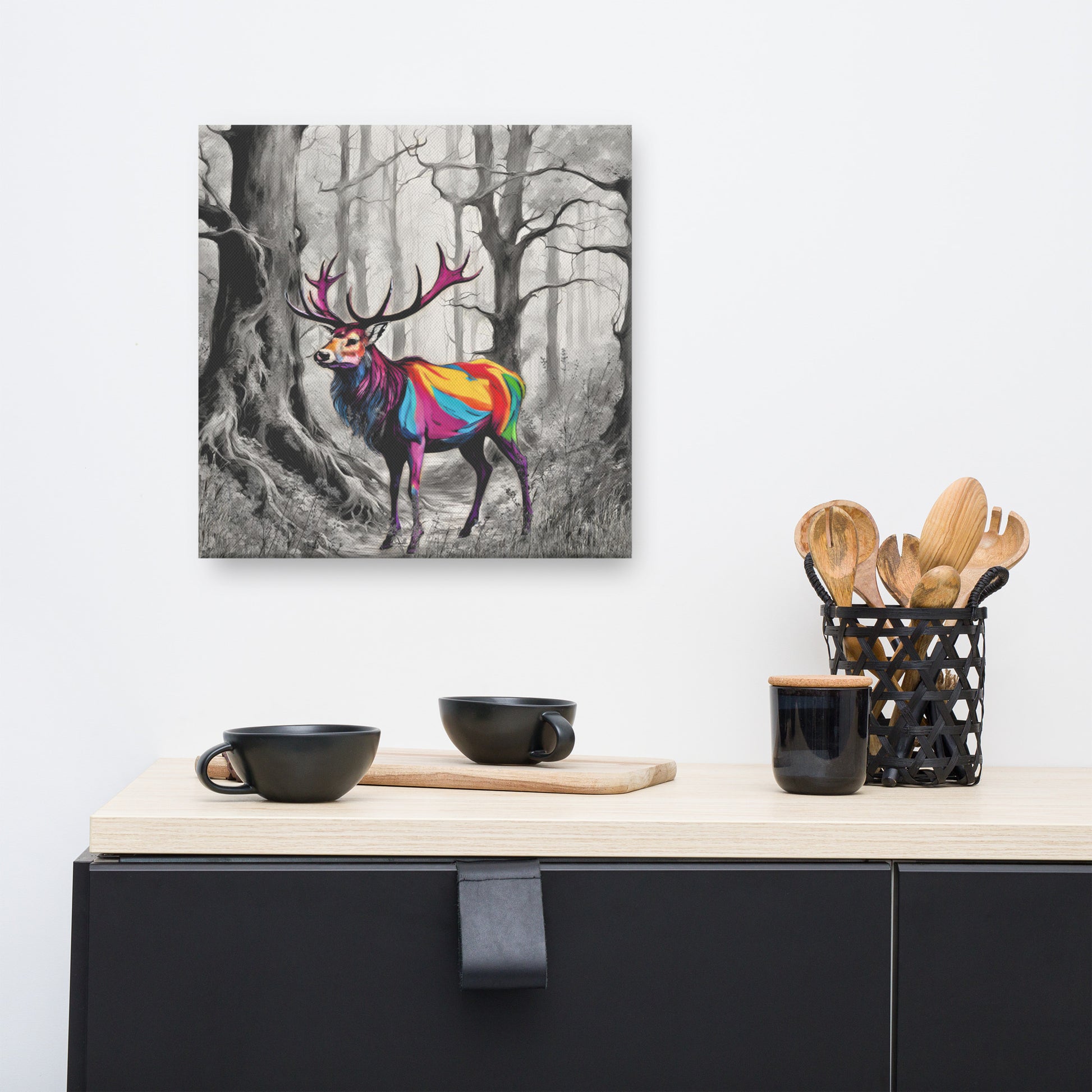 Canvas art titled 'Vibrant Stag,' featuring a colorful deer in a lush forest setting, perfect for nature-inspired and bold home decor.