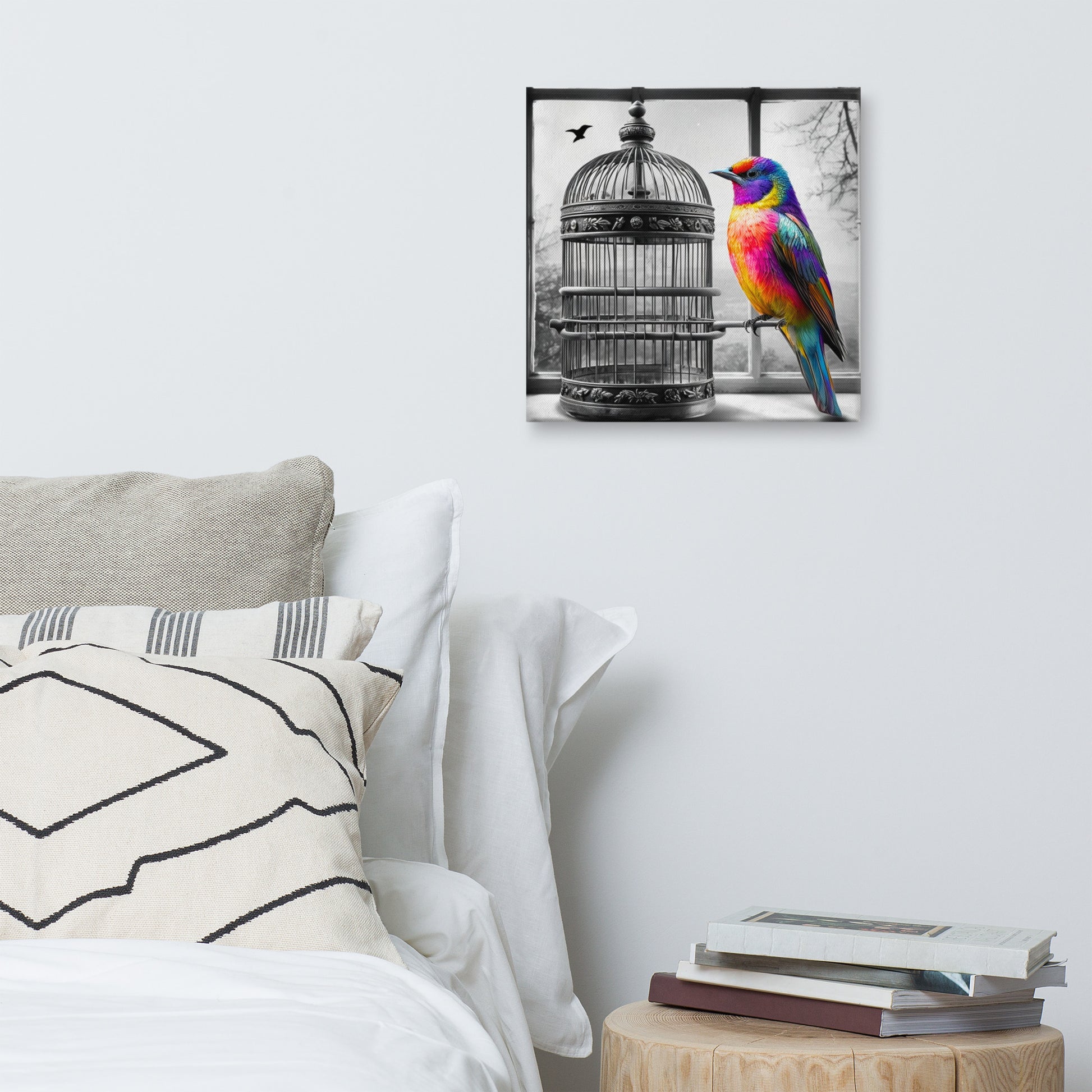 Square canvas print featuring a vibrant rainbow-colored bird with a black and white background of a birdcage. Symbolic and striking wall art for a modern living space.