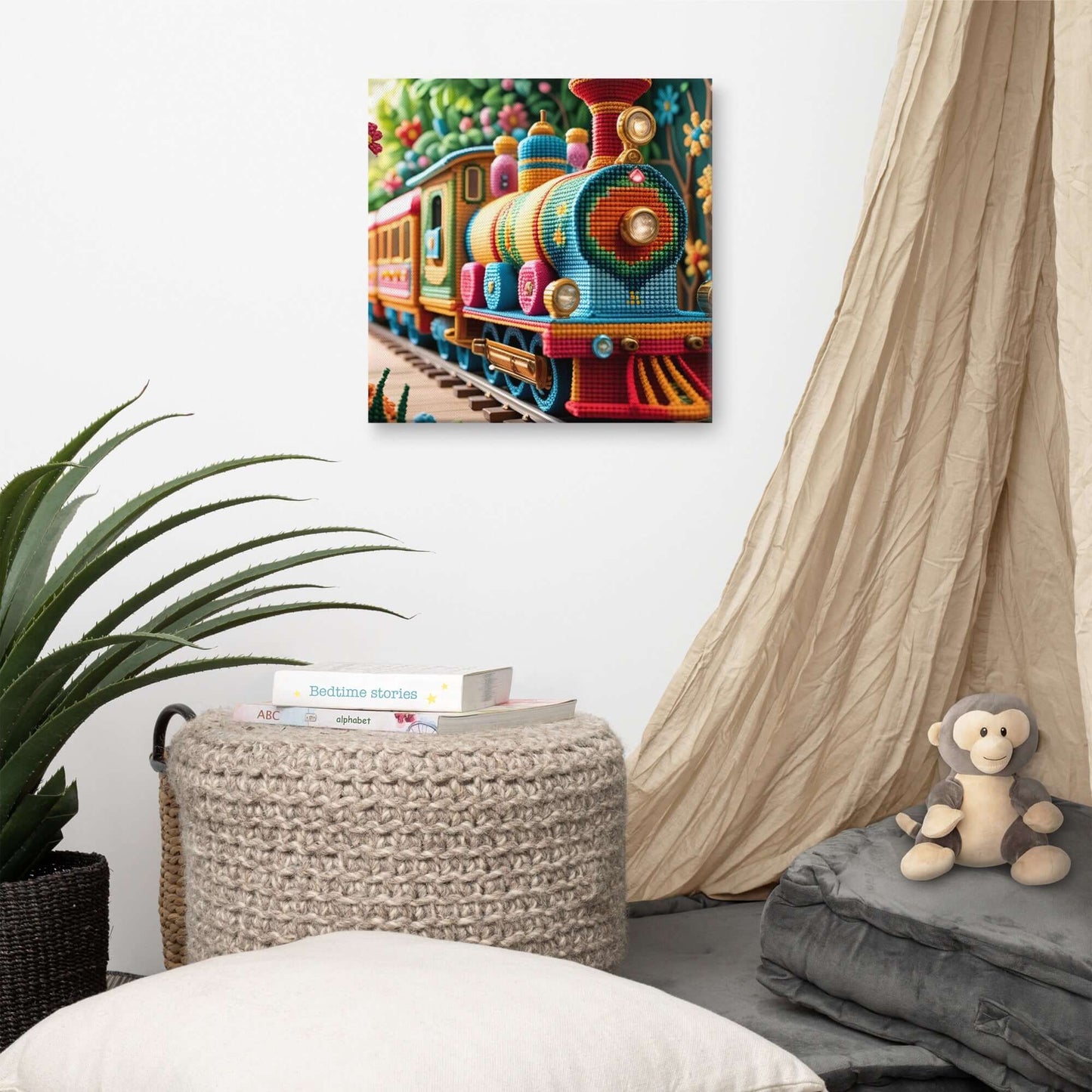 Stretched "{{product-type}}" with a colorful cross-stitch design of a train. The "{{title}}" art is a charming and unique decor piece for a child's nursery.