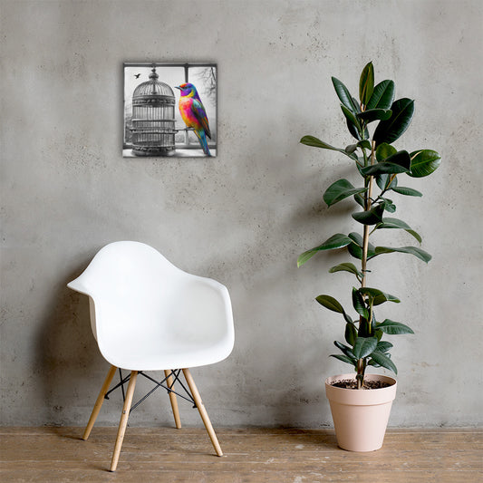 Square canvas print featuring a vibrant rainbow-colored bird with a black and white background of a birdcage. Symbolic and striking wall art for a modern living space.