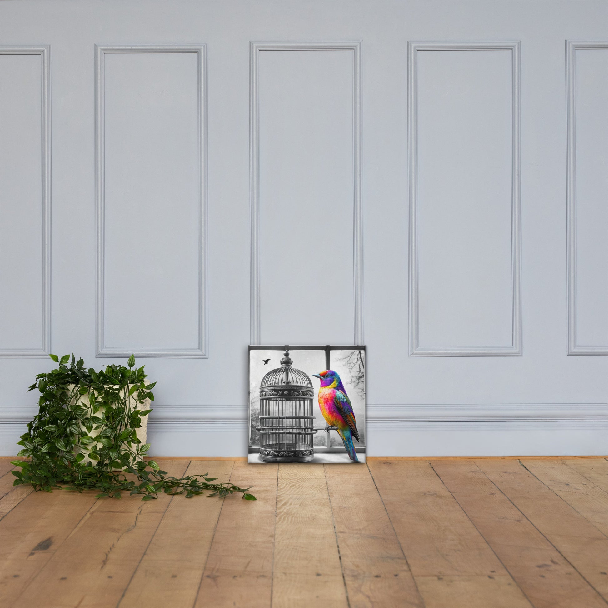 Square canvas print featuring a vibrant rainbow-colored bird with a black and white background of a birdcage. Symbolic and striking wall art for a modern living space.