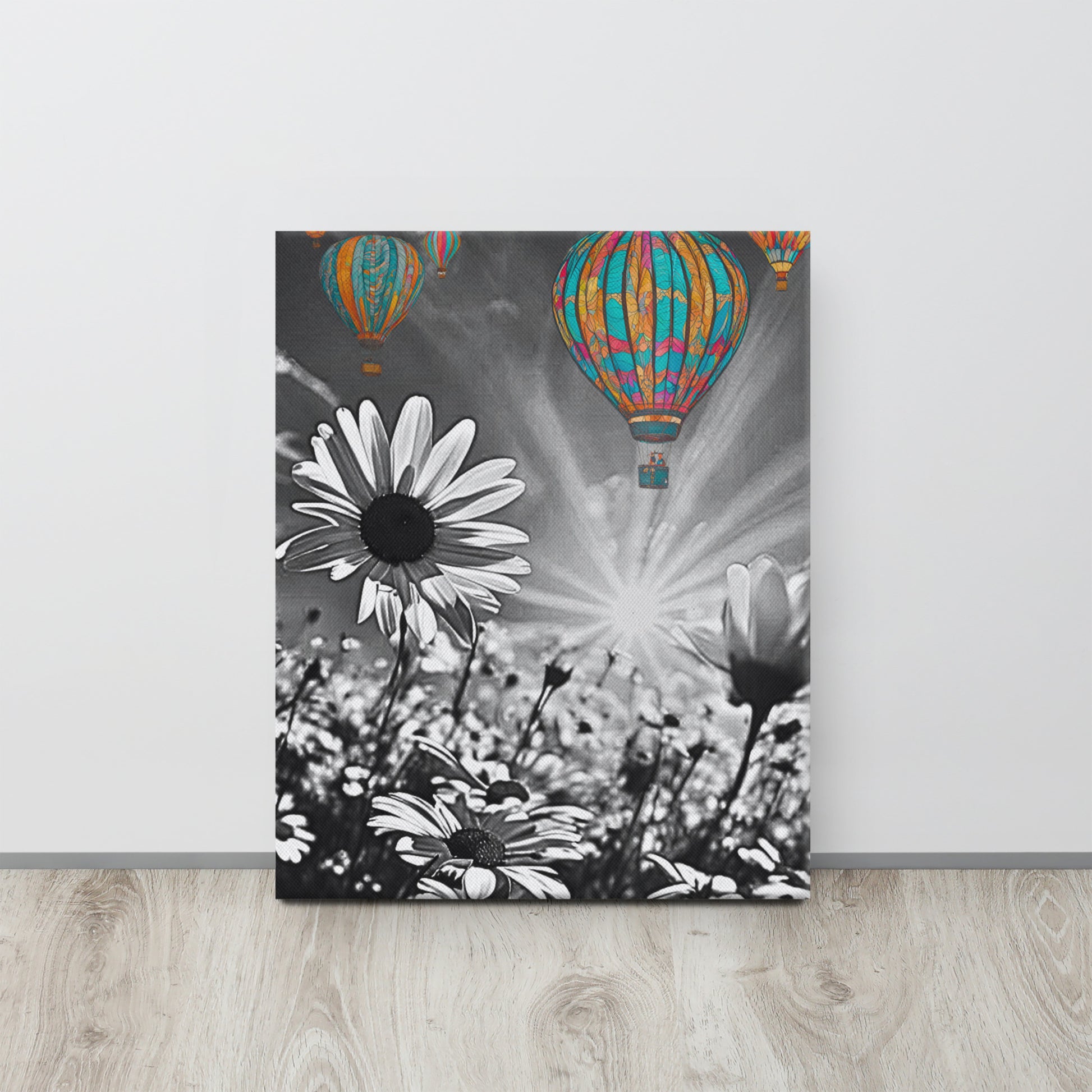 Vibrant colorful hot air balloons floating over a black and white daisy field. Unique contrast photography art print for modern and eclectic home decor.