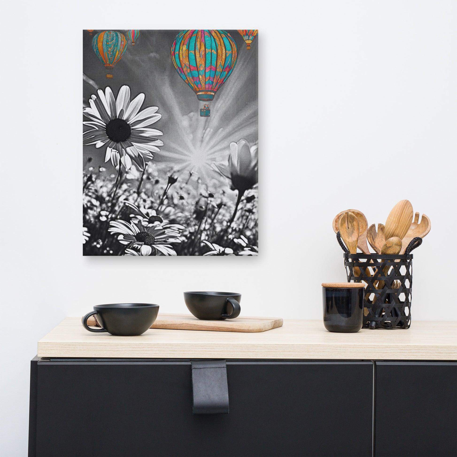 Vibrant colorful hot air balloons floating over a black and white daisy field. Unique contrast photography art print for modern and eclectic home decor.