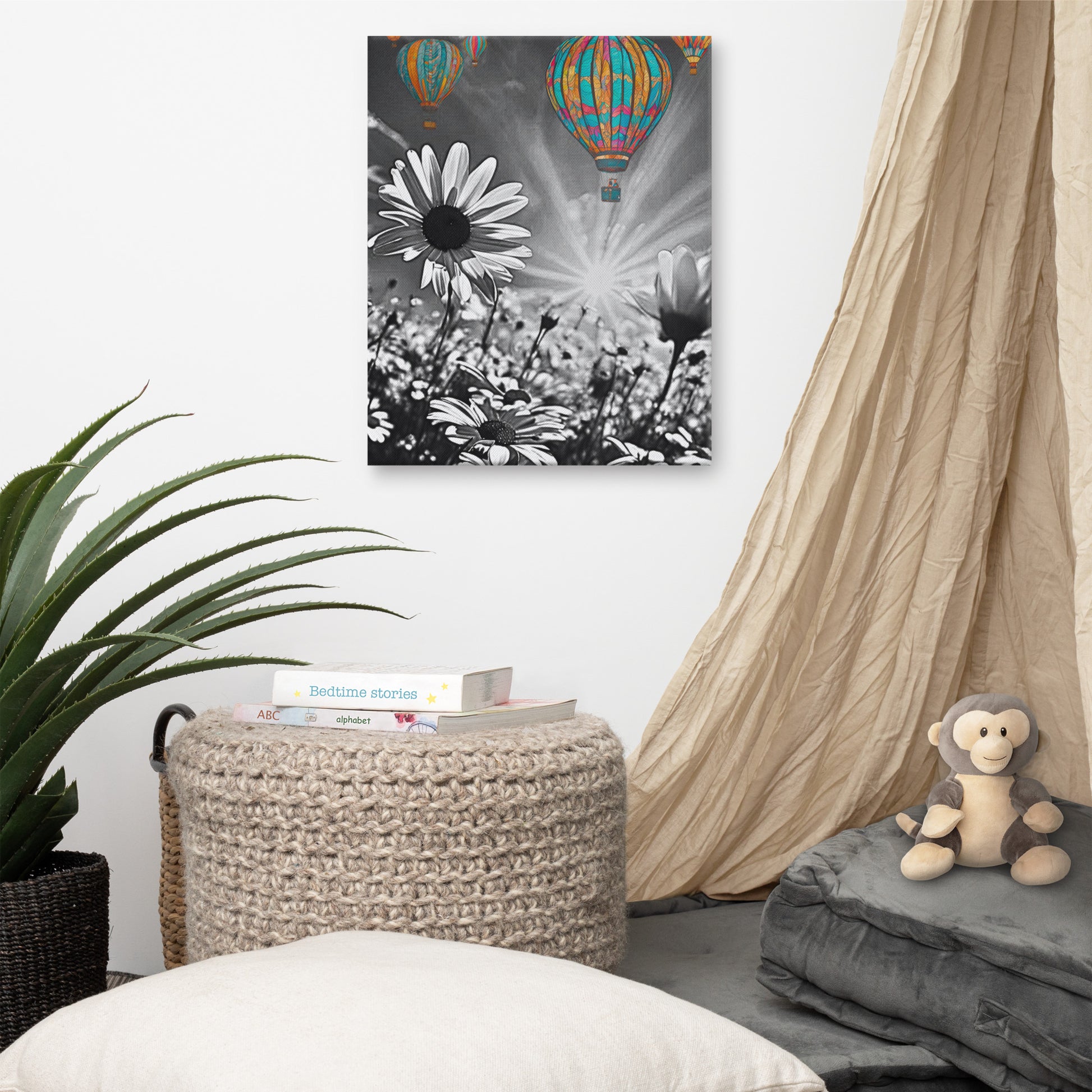 Vibrant colorful hot air balloons floating over a black and white daisy field. Unique contrast photography art print for modern and eclectic home decor.