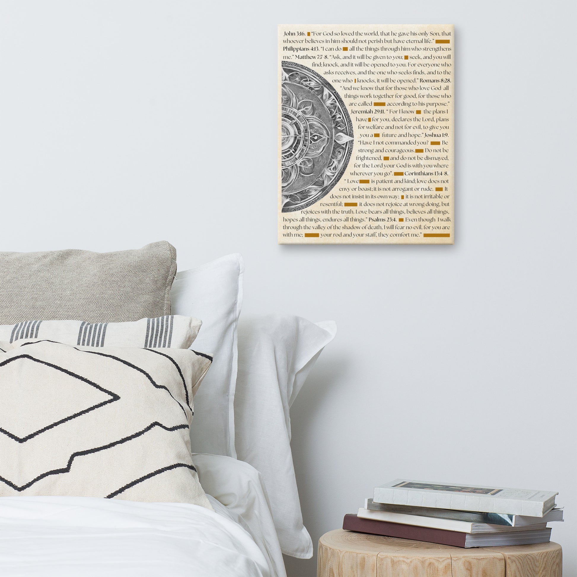 Canvas art featuring inspirational Bible verses with famous quotes in elegant typography, perfect for religious wall decor and spiritual inspiration