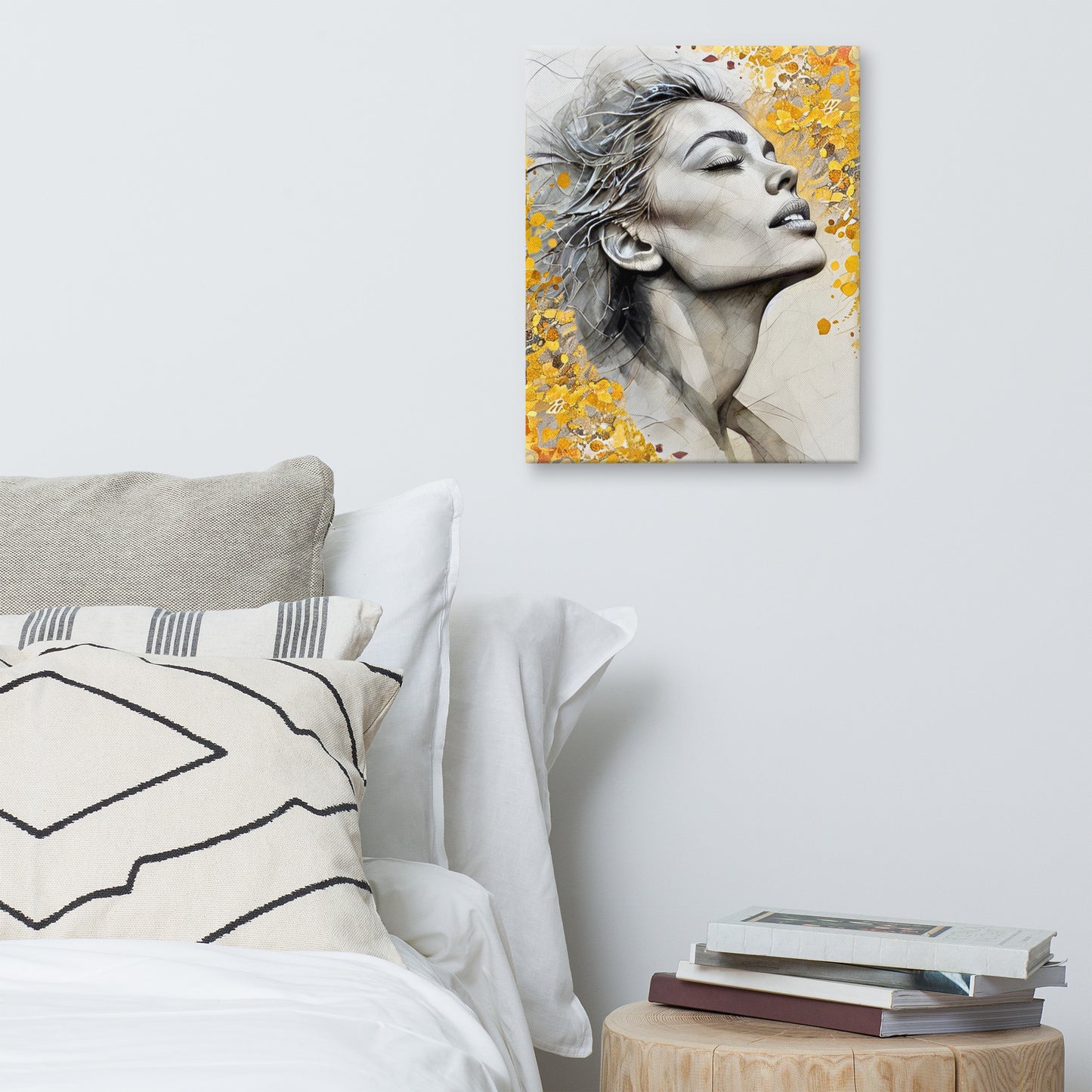 Abstract watercolor portrait of a woman's profile with a vibrant yellow and gold floral background. Feminine and inspirational modern wall art canvas.