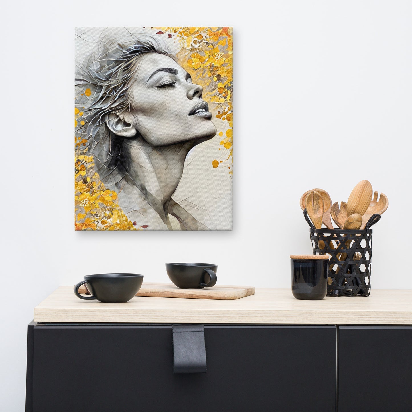 Abstract watercolor portrait of a woman's profile with a vibrant yellow and gold floral background. Feminine and inspirational modern wall art canvas.