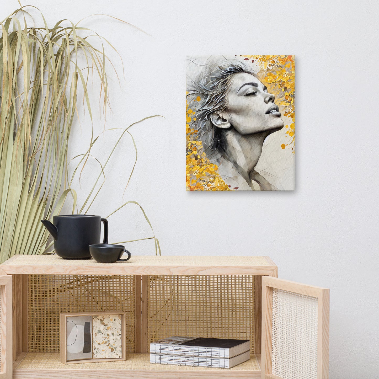 Abstract watercolor portrait of a woman's profile with a vibrant yellow and gold floral background. Feminine and inspirational modern wall art canvas.