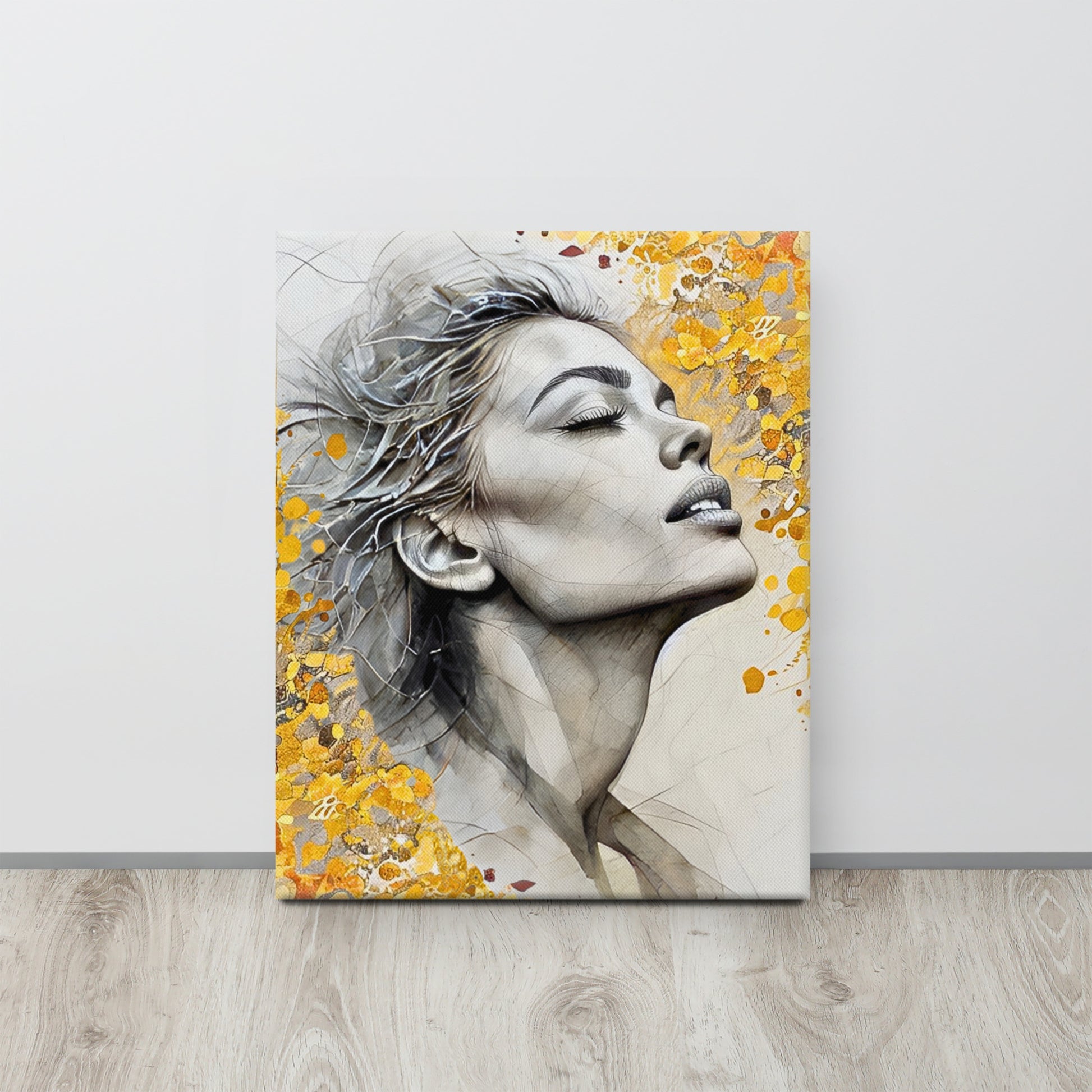 Abstract watercolor portrait of a woman's profile with a vibrant yellow and gold floral background. Feminine and inspirational modern wall art canvas.