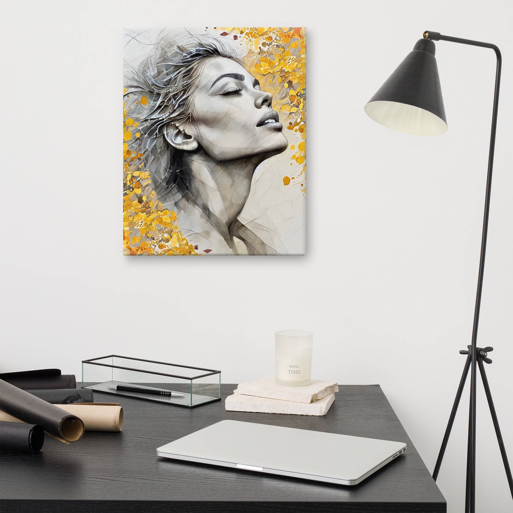 Abstract watercolor portrait of a woman's profile with a vibrant yellow and gold floral background. Feminine and inspirational modern wall art canvas.