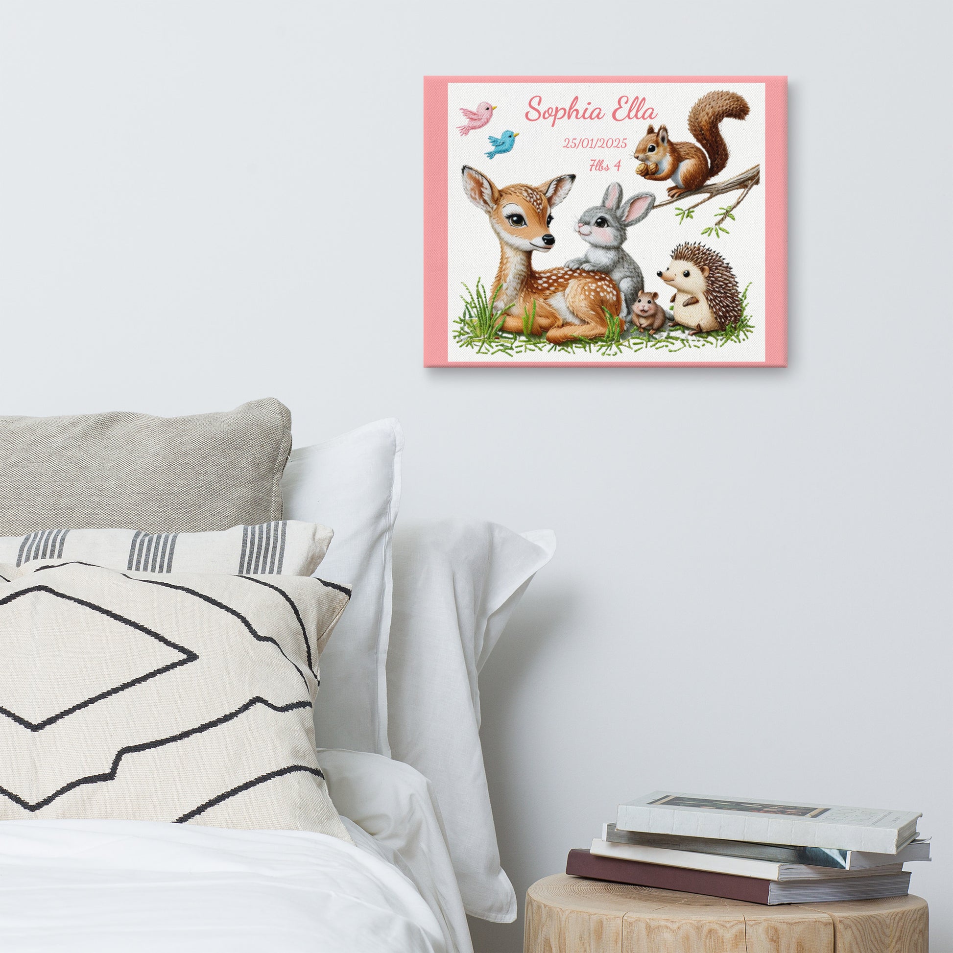 Personalized baby birth announcement canvas featuring custom name, date of birth, and weight, with a choice of border color, perfect for nursery decor or a heartfelt gift.