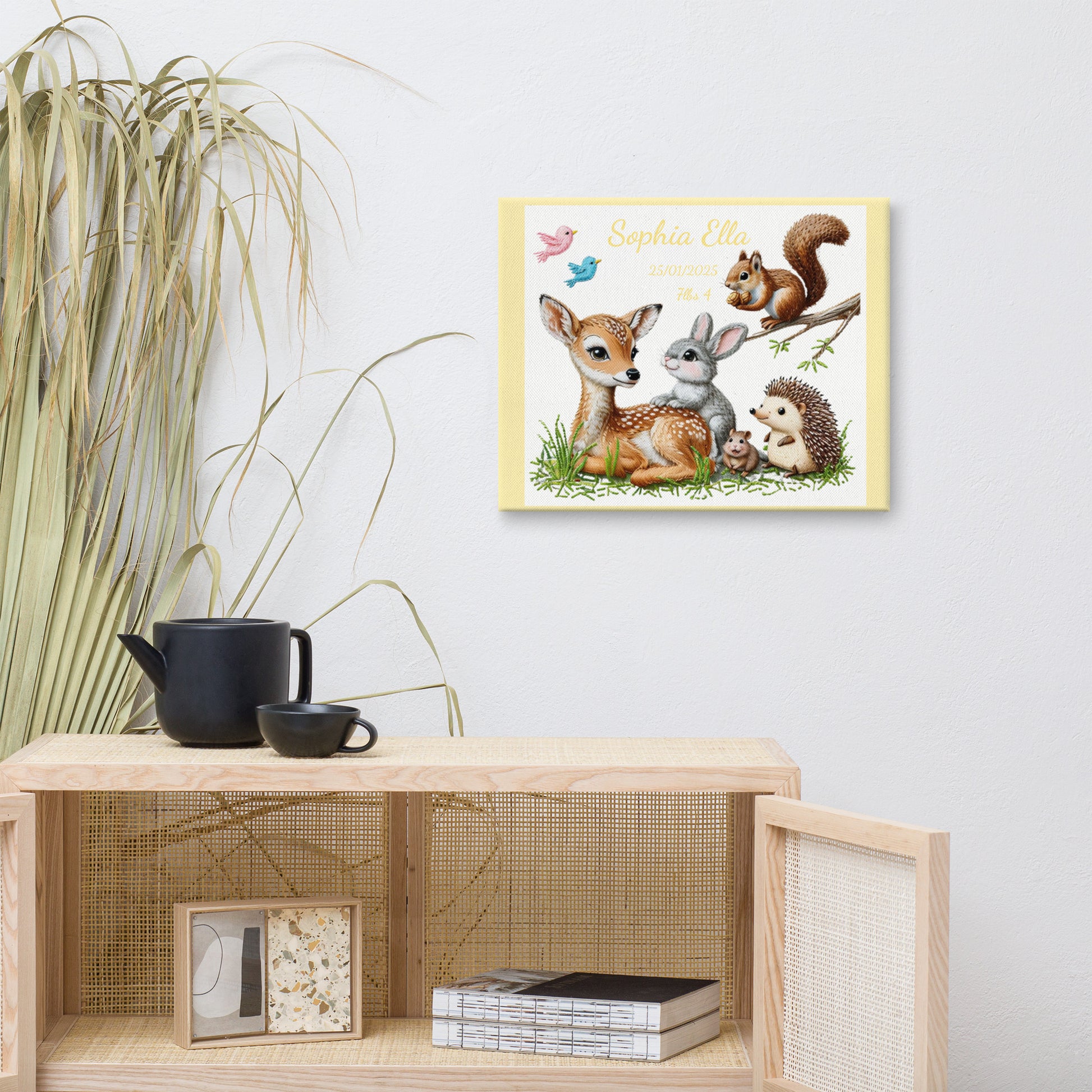 Personalized baby birth announcement canvas featuring custom name, date of birth, and weight, with a choice of border color, perfect for nursery decor or a heartfelt gift.