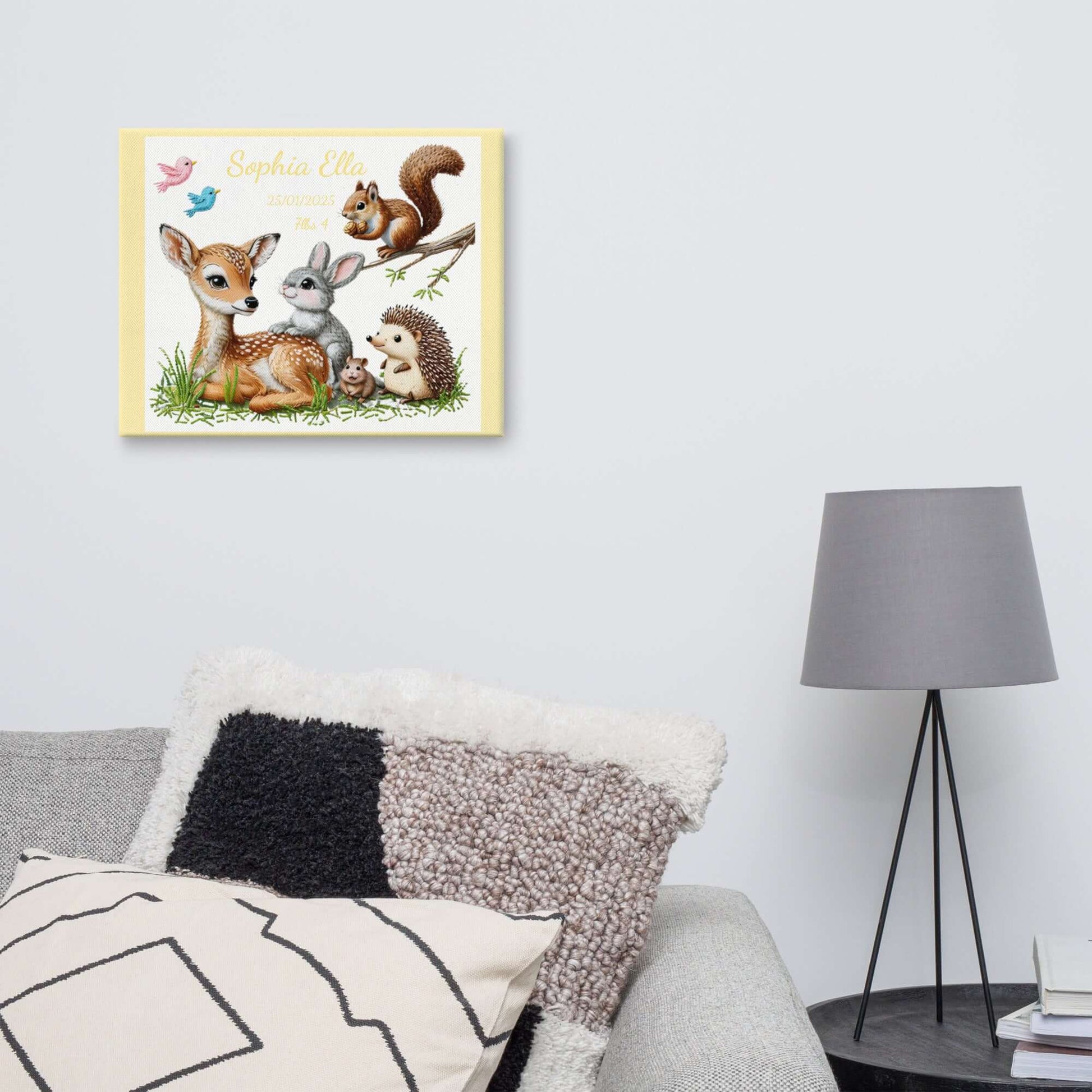 Personalized baby birth announcement canvas featuring custom name, date of birth, and weight, with a choice of border color, perfect for nursery decor or a heartfelt gift.