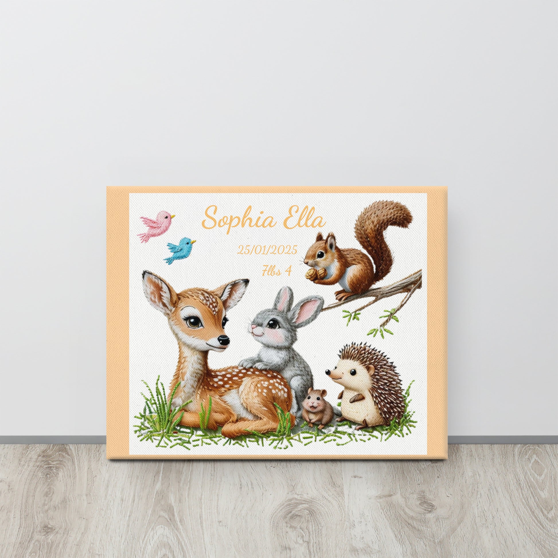 Personalized baby birth announcement canvas featuring custom name, date of birth, and weight, with a choice of border color, perfect for nursery decor or a heartfelt gift.