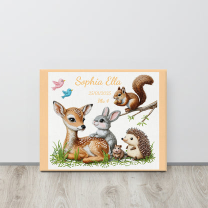 Personalized baby birth announcement canvas featuring custom name, date of birth, and weight, with a choice of border color, perfect for nursery decor or a heartfelt gift.