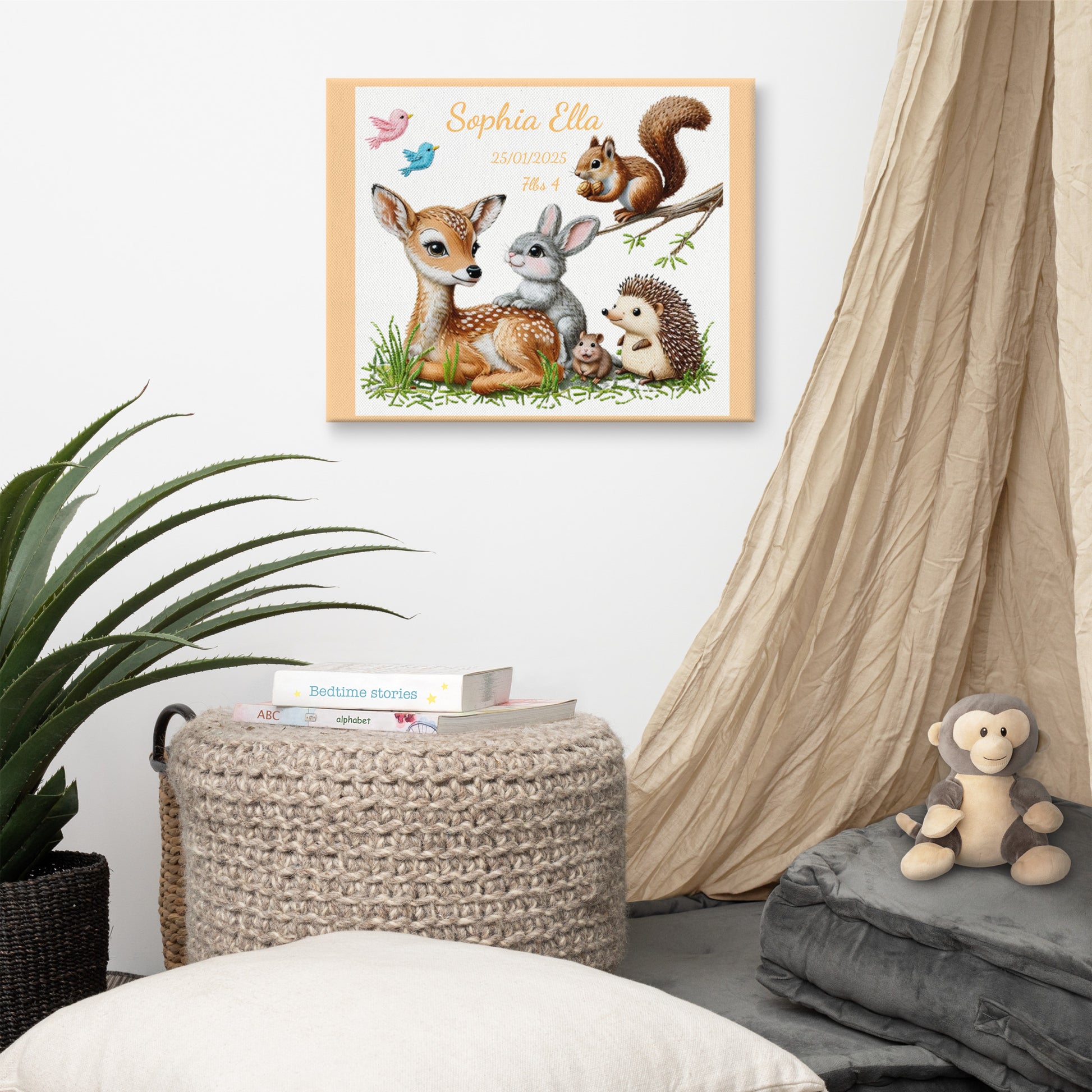 Personalized baby birth announcement canvas featuring custom name, date of birth, and weight, with a choice of border color, perfect for nursery decor or a heartfelt gift.