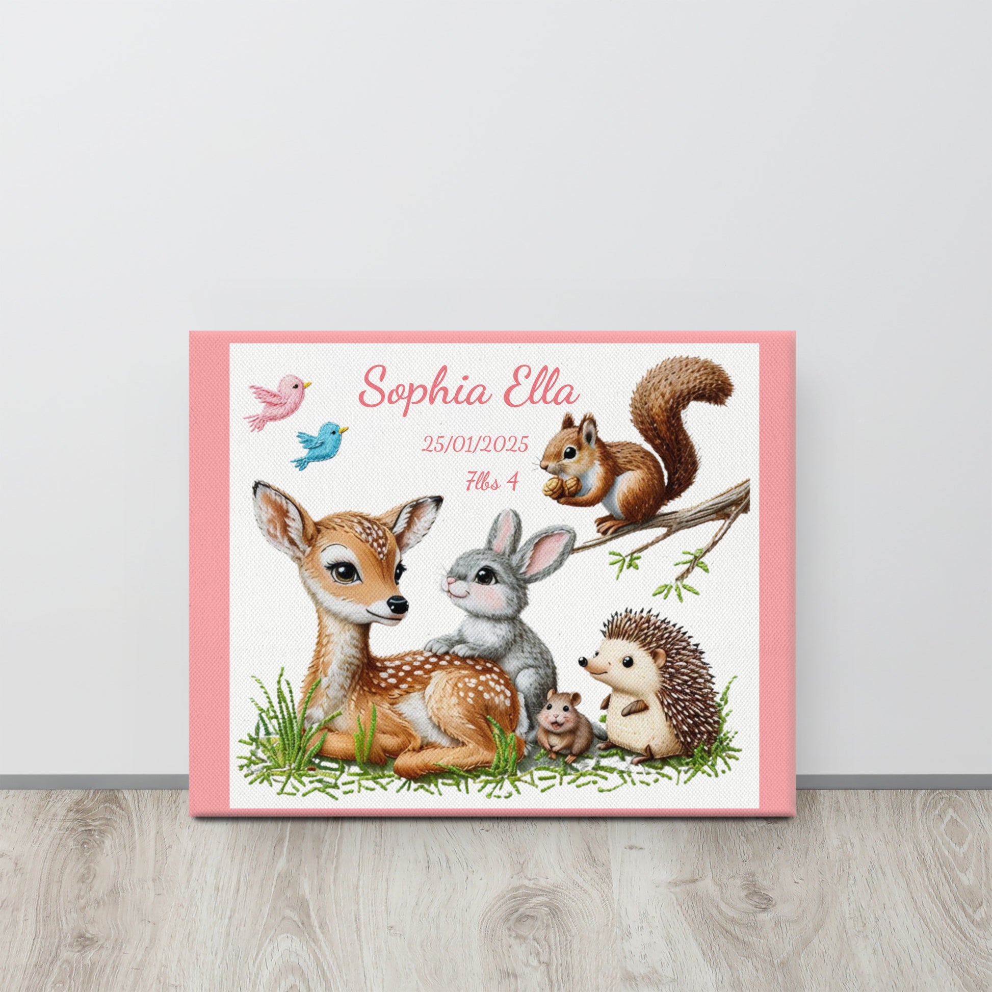 Personalized baby birth announcement canvas featuring custom name, date of birth, and weight, with a choice of border color, perfect for nursery decor or a heartfelt gift.