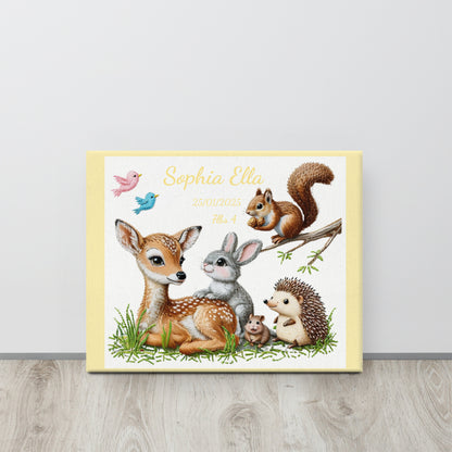 Personalized baby birth announcement canvas featuring custom name, date of birth, and weight, with a choice of border color, perfect for nursery decor or a heartfelt gift.