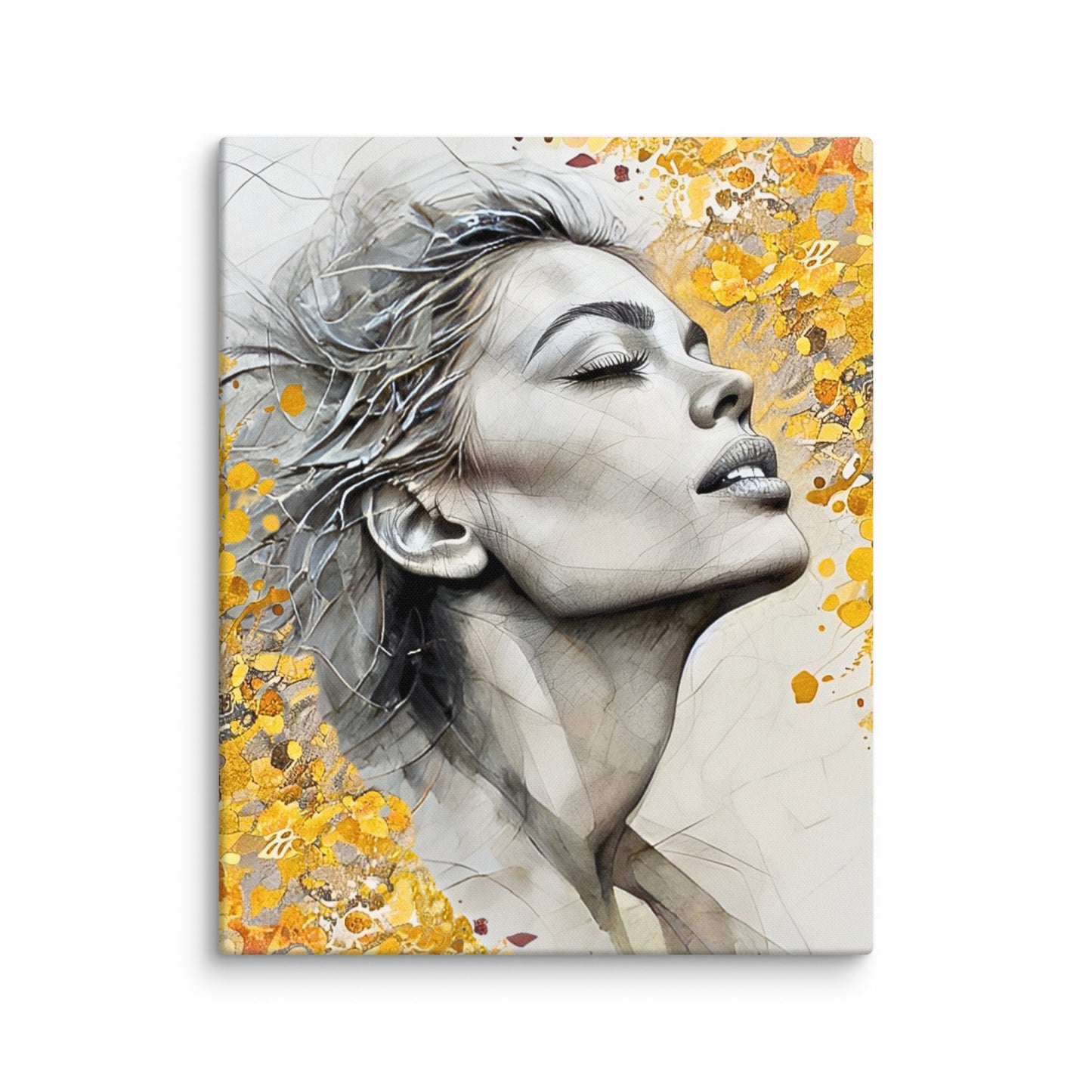 Abstract watercolor portrait of a woman's profile with a vibrant yellow and gold floral background. Feminine and inspirational modern wall art canvas.