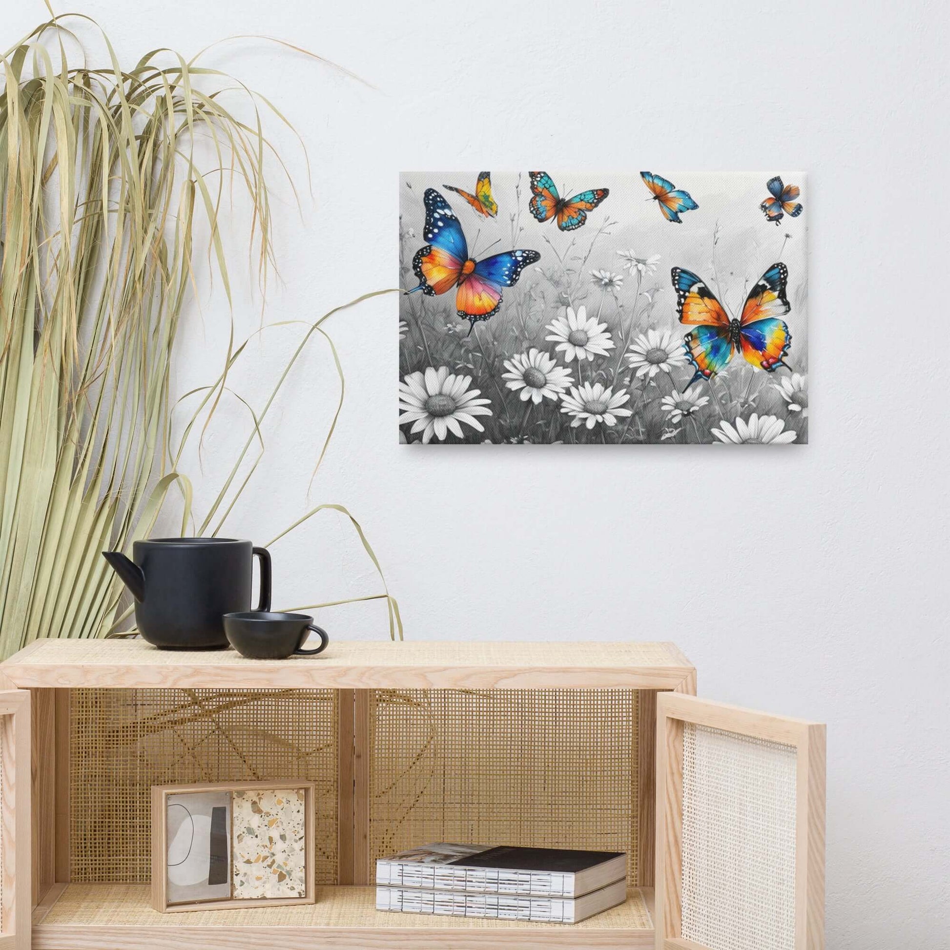 Stretched "{{product-type}}" with vibrant, colourful butterflies flying over a black and white field of daisies. The "{{title}}" design is a beautiful piece of nature-inspired wall art.