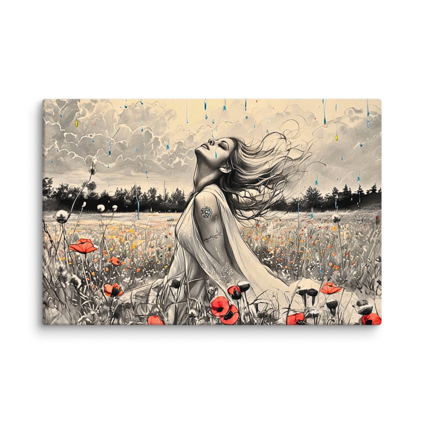 Canvas art titled 'Freedom in the Rain,' featuring a woman standing in a vibrant poppy field under a gentle rain, perfect for nature-inspired and emotional home decor.