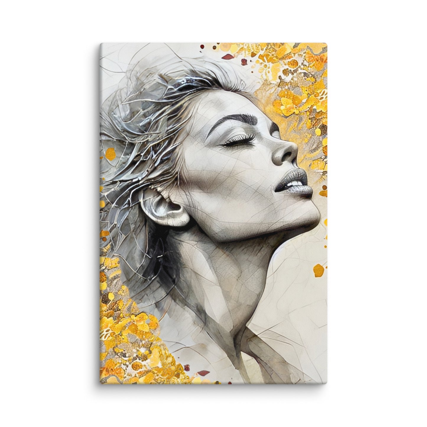 Abstract watercolor portrait of a woman's profile with a vibrant yellow and gold floral background. Feminine and inspirational modern wall art canvas.