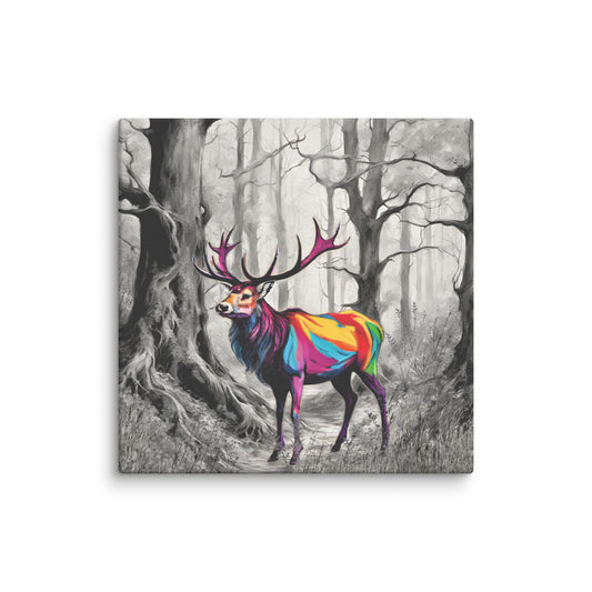 Canvas art titled 'Vibrant Stag,' featuring a colorful deer in a lush forest setting, perfect for nature-inspired and bold home decor.