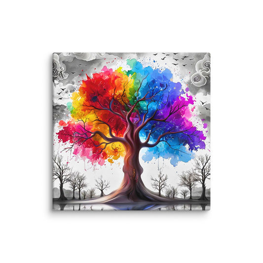 Canvas wall art titled 'Rainbow Tree of Life,' featuring a vibrant tree with multicolored branches against a bold contrasting background, perfect for inspiring and colorful home decor.