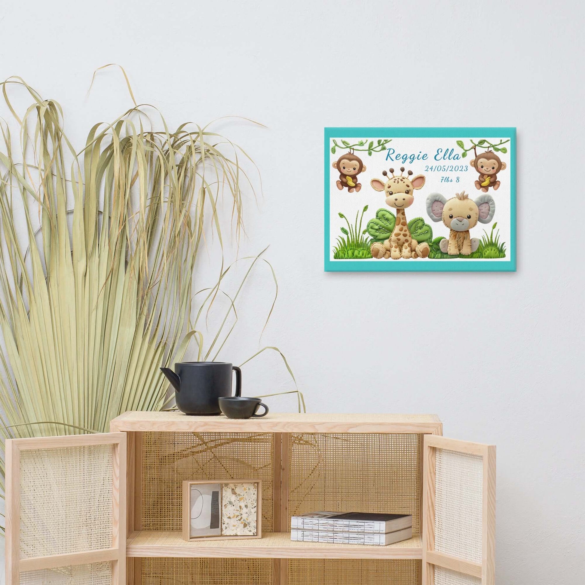 Personalized safari animal nursery canvas art. Features a cute giraffe, elephant, and monkeys. Perfect baby shower gift with custom name and birth stats.