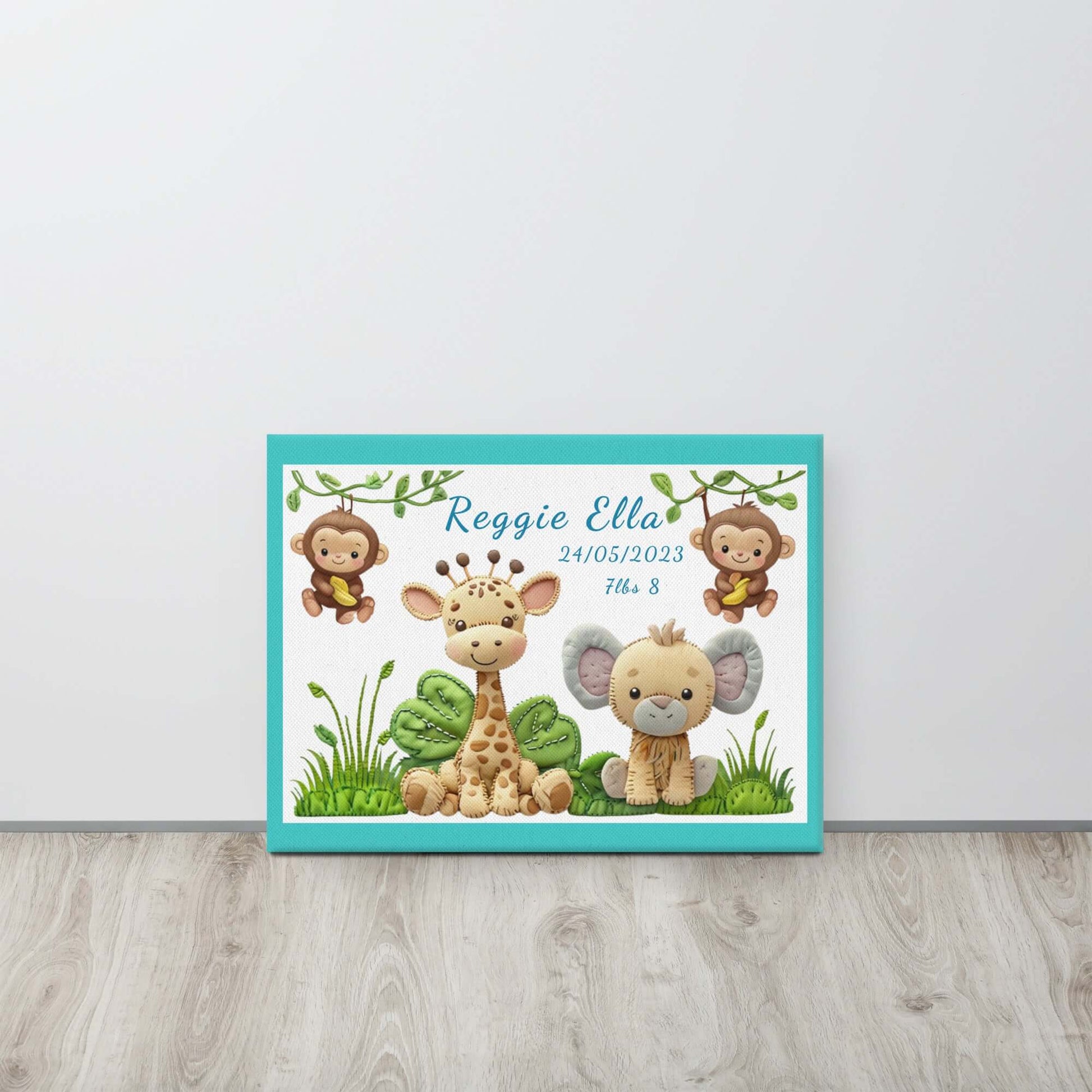 Personalized safari animal nursery canvas art. Features a cute giraffe, elephant, and monkeys. Perfect baby shower gift with custom name and birth stats.
