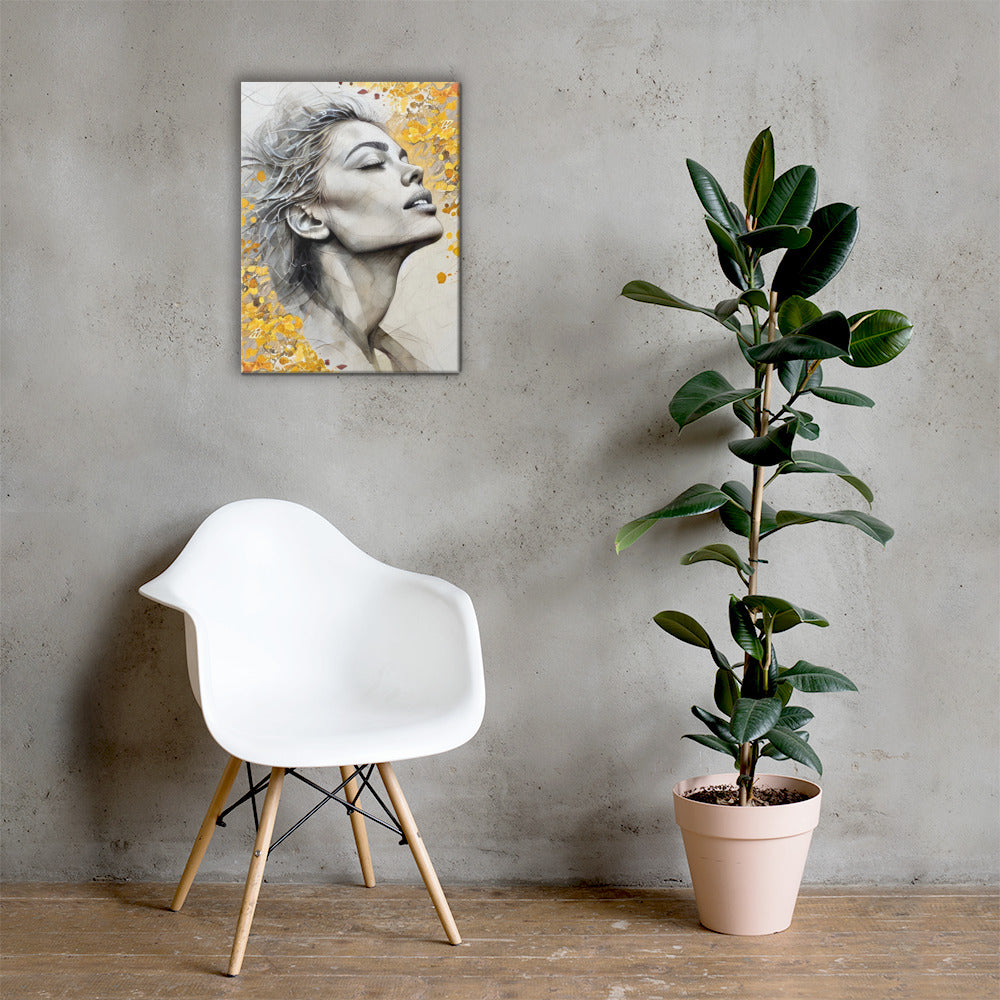 Abstract watercolor portrait of a woman's profile with a vibrant yellow and gold floral background. Feminine and inspirational modern wall art canvas.