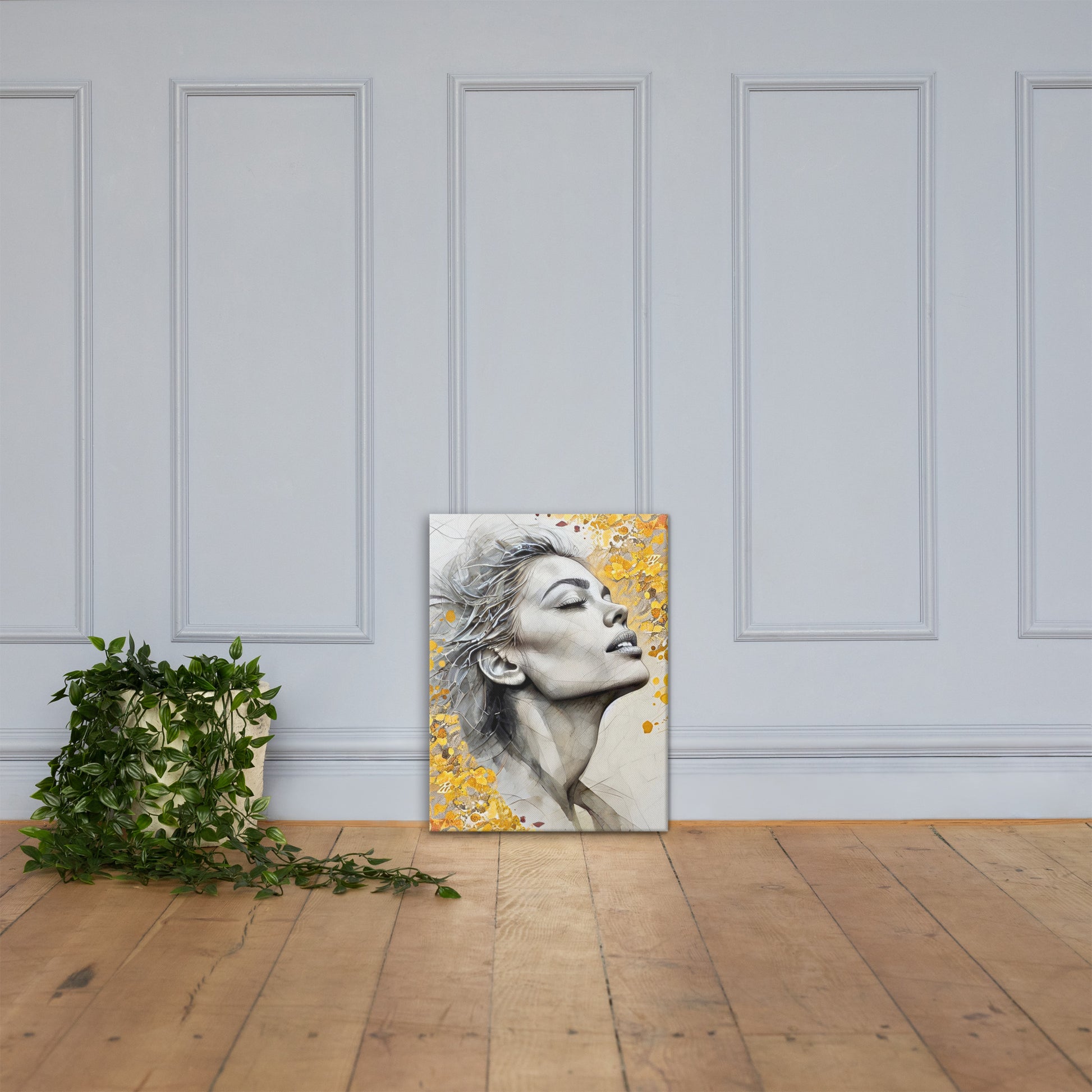 Abstract watercolor portrait of a woman's profile with a vibrant yellow and gold floral background. Feminine and inspirational modern wall art canvas.