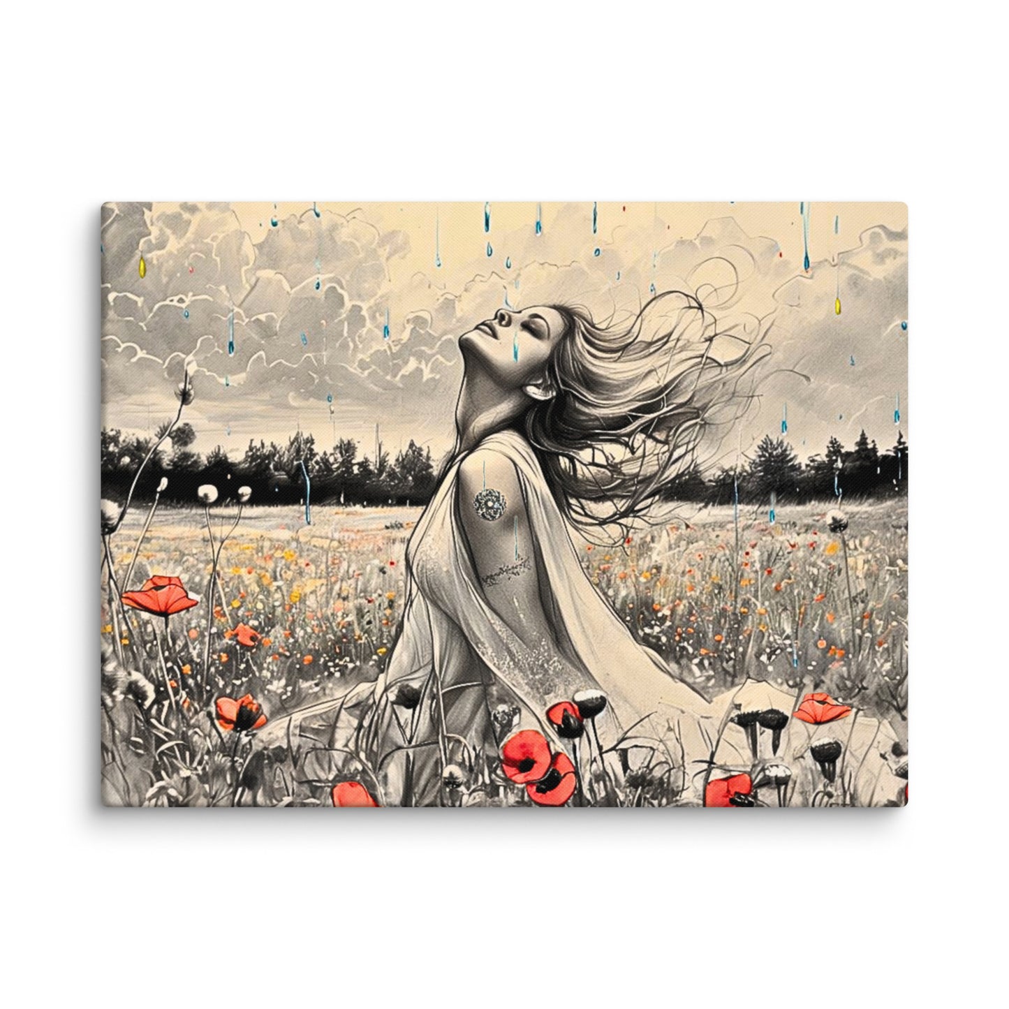 Canvas art titled 'Freedom in the Rain,' featuring a woman standing in a vibrant poppy field under a gentle rain, perfect for nature-inspired and emotional home decor.